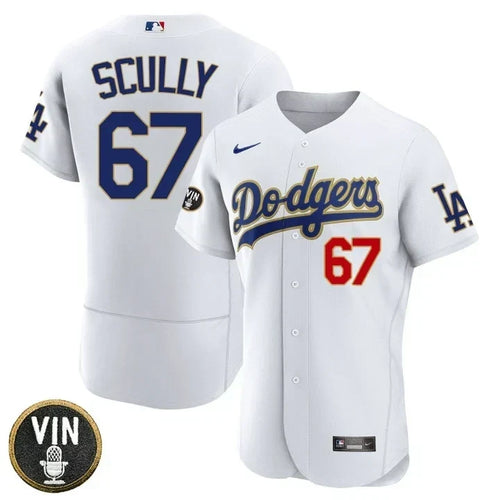 Los Angeles Dodgers Vin Scully Tribute Gold Trim Jersey – All Stitched