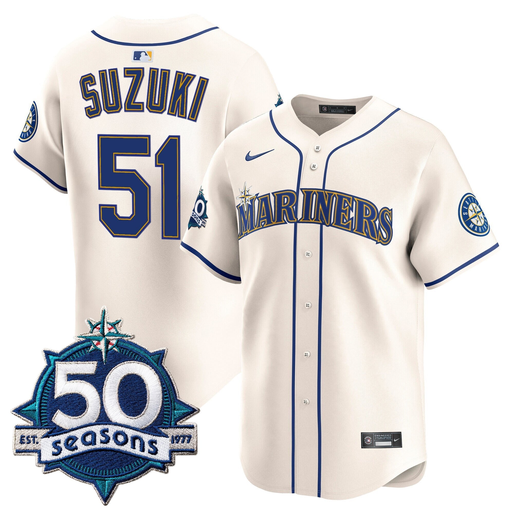 Men's Seattle Mariners 50 Seasons Patch Vapor Premier Limited Jersey - All Stitched