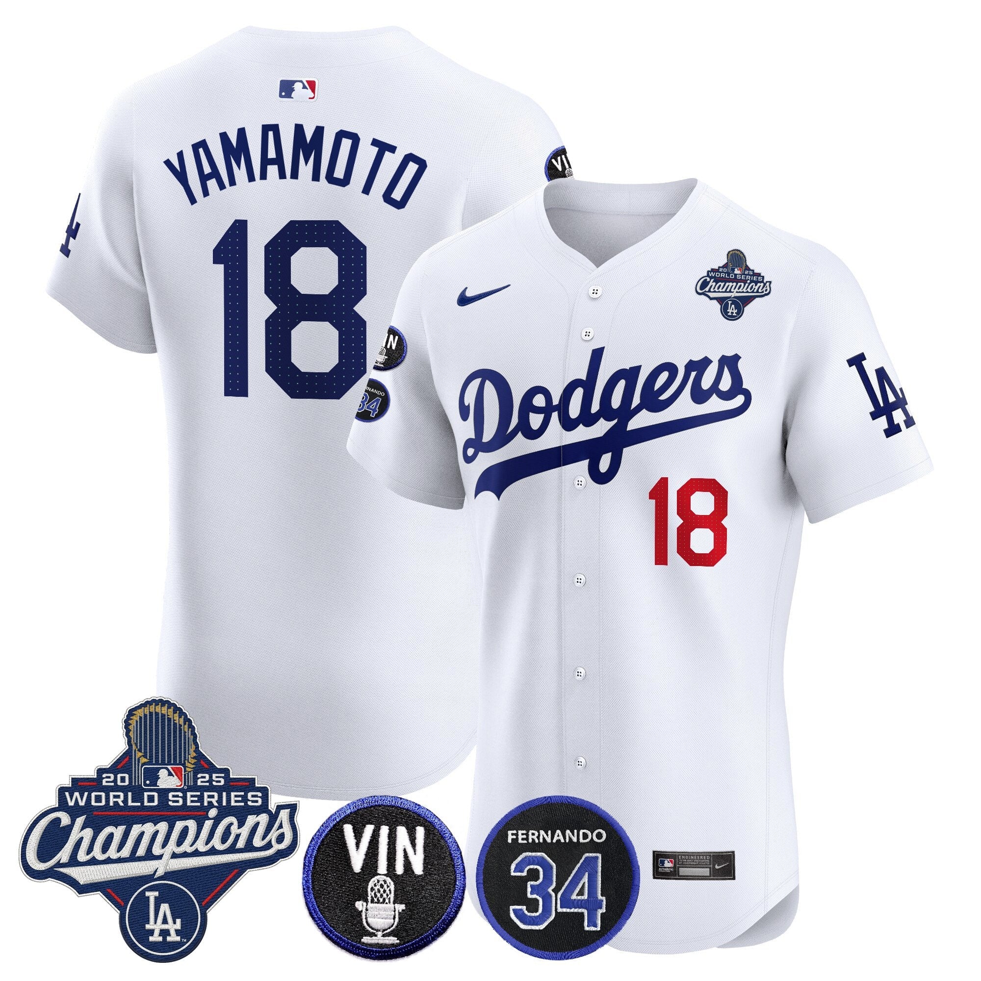 Men's Dodgers 2025 World Series Champions Vapor Premier Elite Jersey - Vin Scully & Fernando Patch - All Stitched