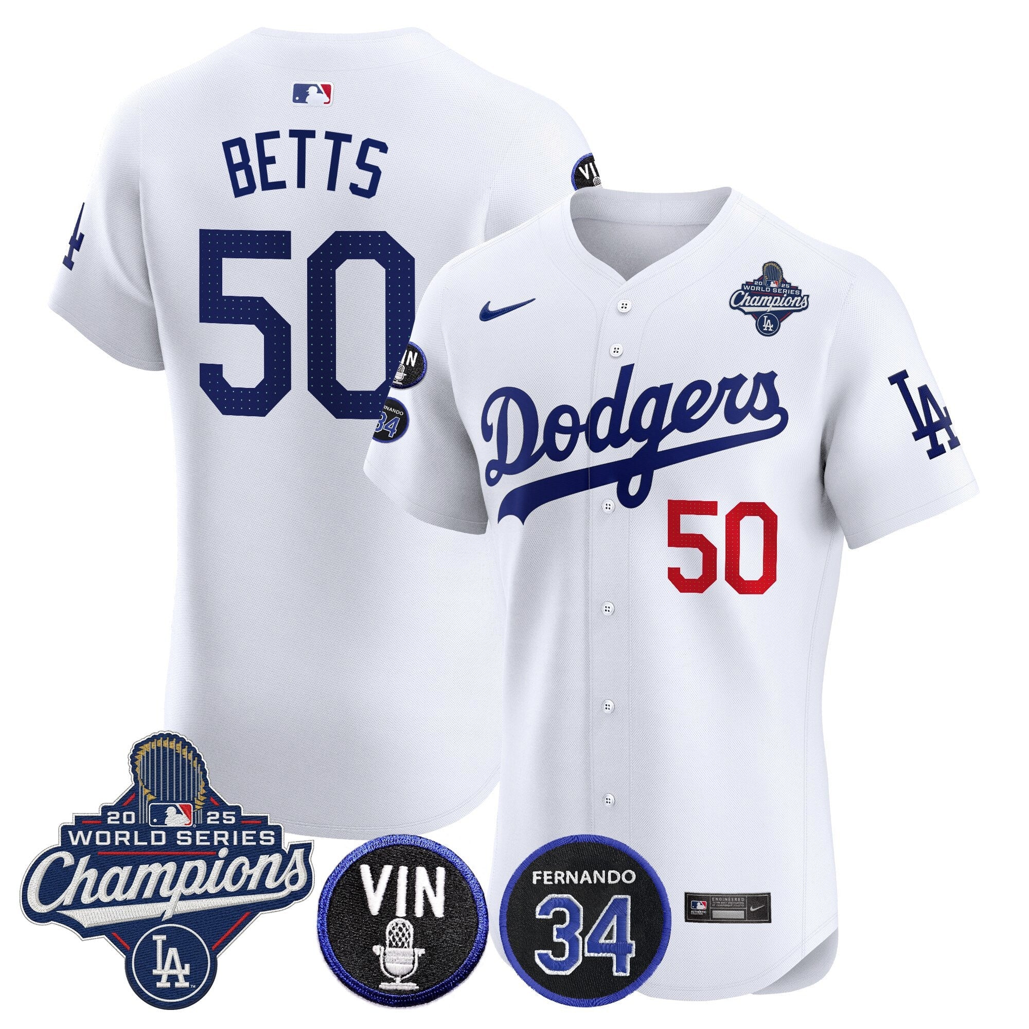 Men's Dodgers 2025 World Series Champions Vapor Premier Elite Jersey - Vin Scully & Fernando Patch - All Stitched