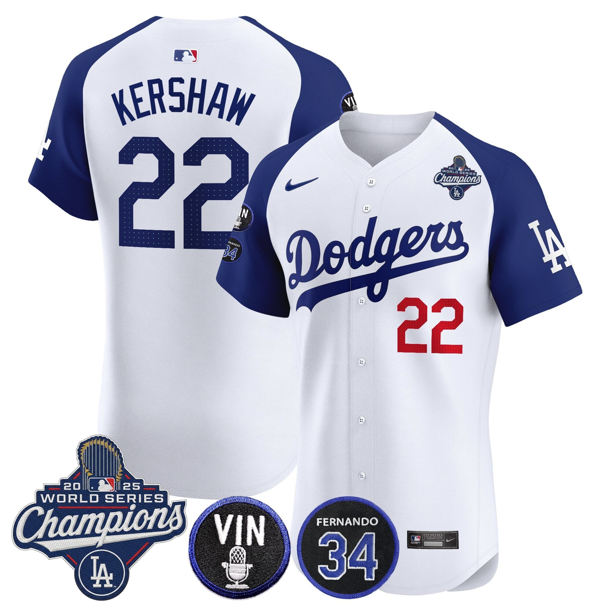 Men's Dodgers 2025 World Series Champions Vapor Premier Elite Jersey - Vin Scully & Fernando Patch - All Stitched