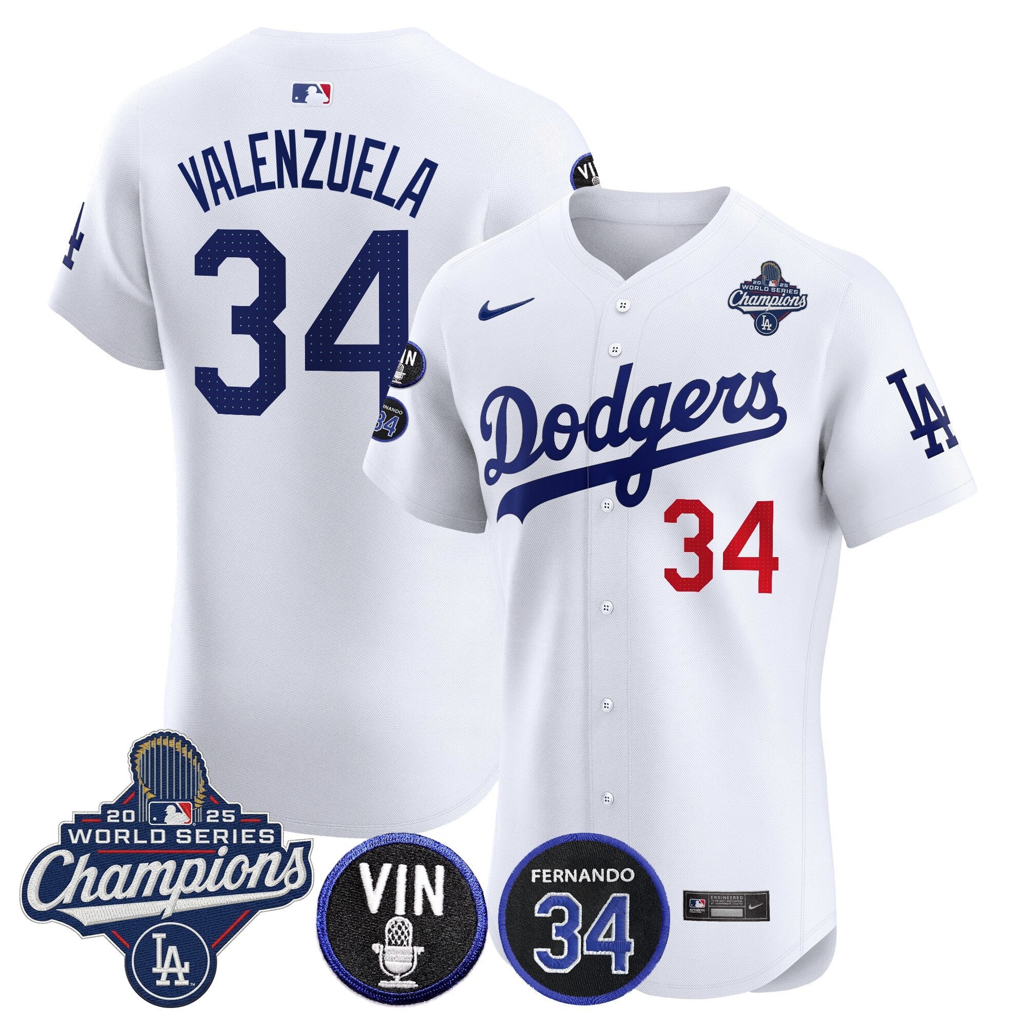 Men's Dodgers 2025 World Series Champions Vapor Premier Elite Jersey - Vin Scully & Fernando Patch - All Stitched