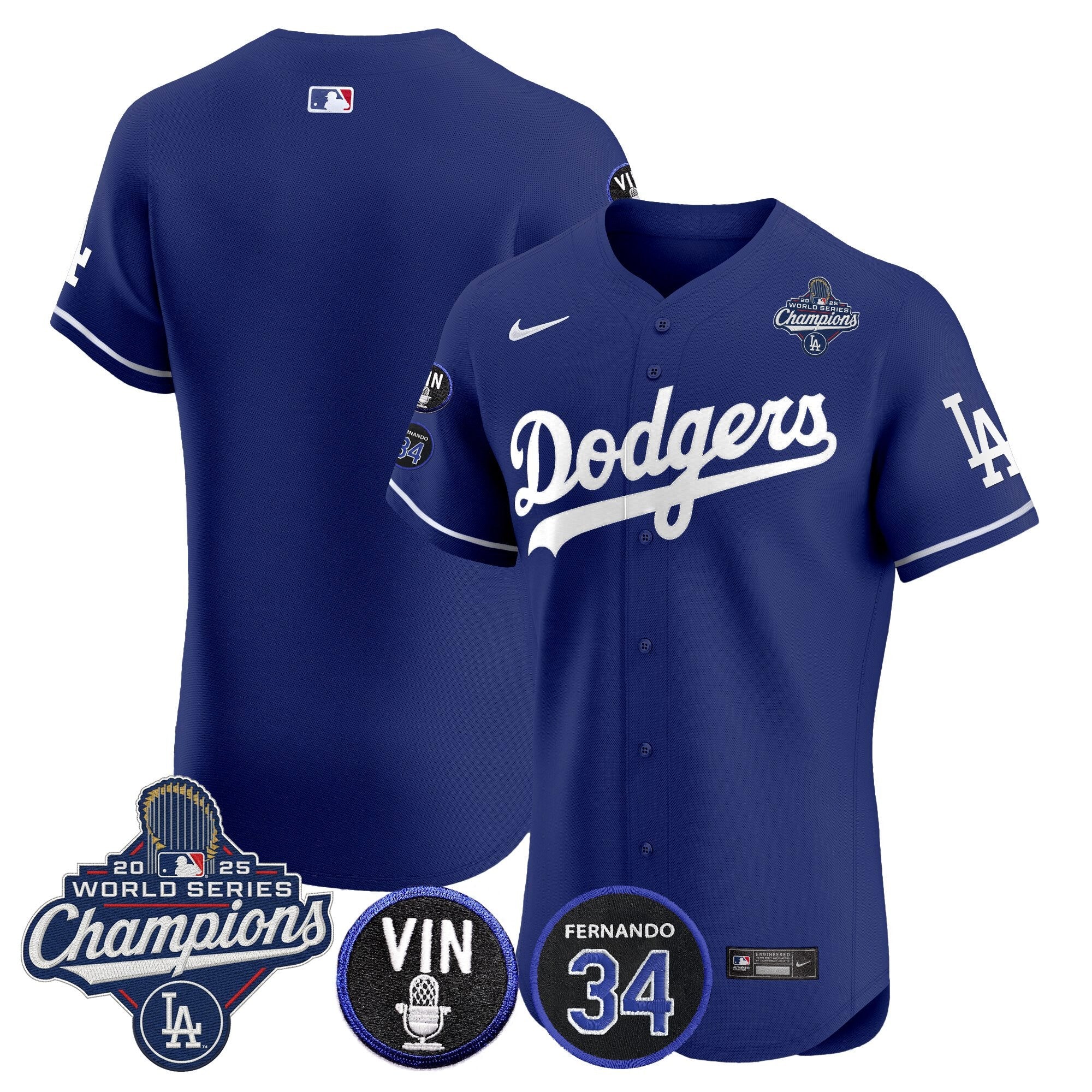Men's Dodgers 2025 World Series Champions Vapor Premier Elite Jersey - Vin Scully & Fernando Patch - All Stitched