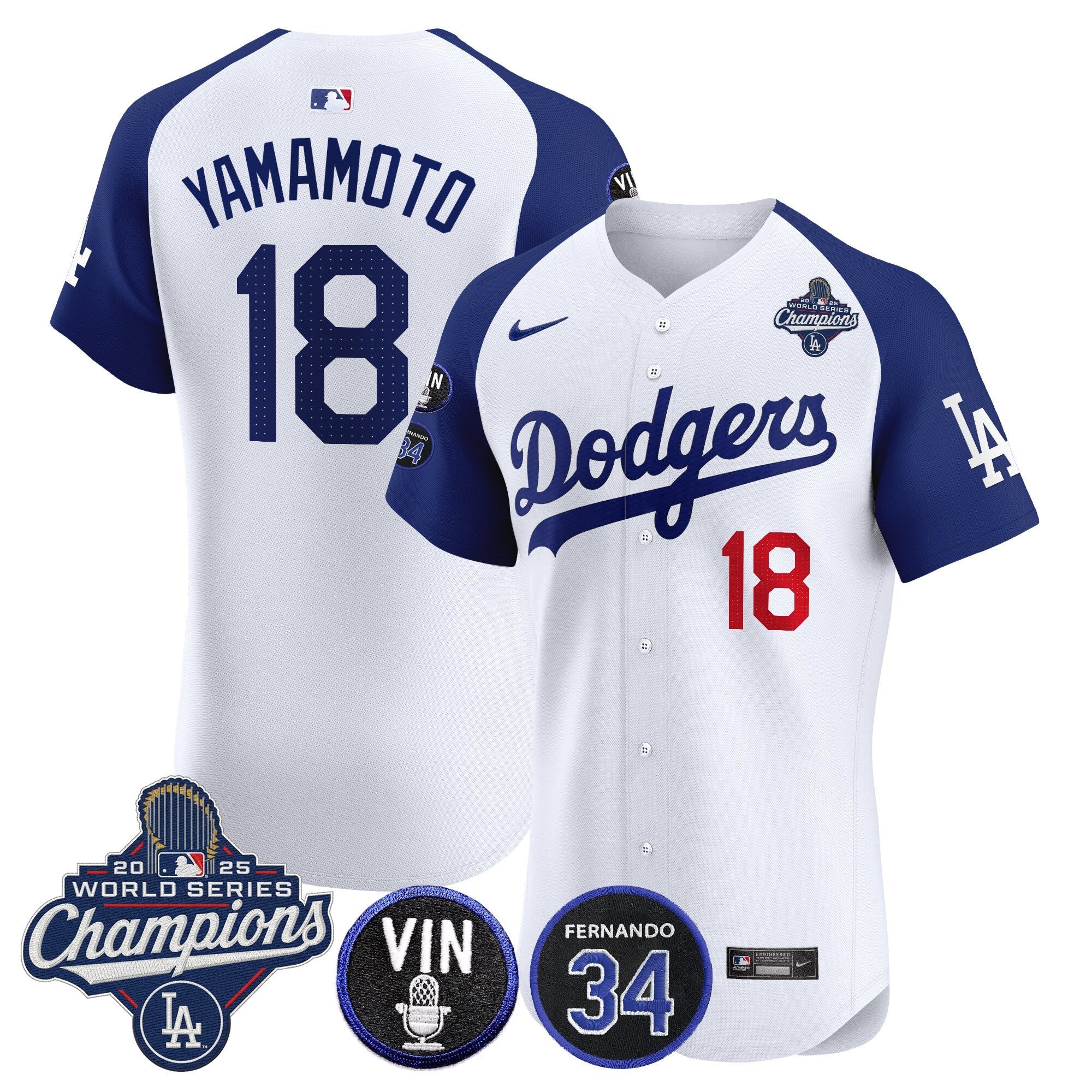 Men's Dodgers 2025 World Series Champions Vapor Premier Elite Jersey - Vin Scully & Fernando Patch - All Stitched
