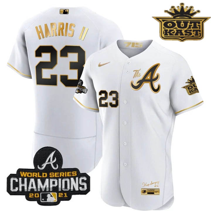 Men's Atlanta Braves Outkast Gold The A Flex Base Jersey  All Stitched