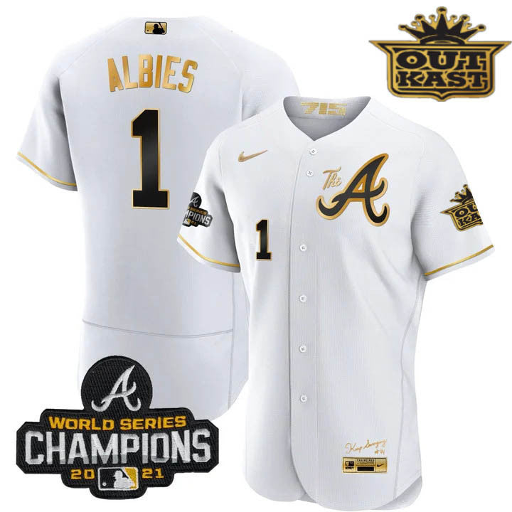 Men's Atlanta Braves Outkast Gold The A Flex Base Jersey  All Stitched