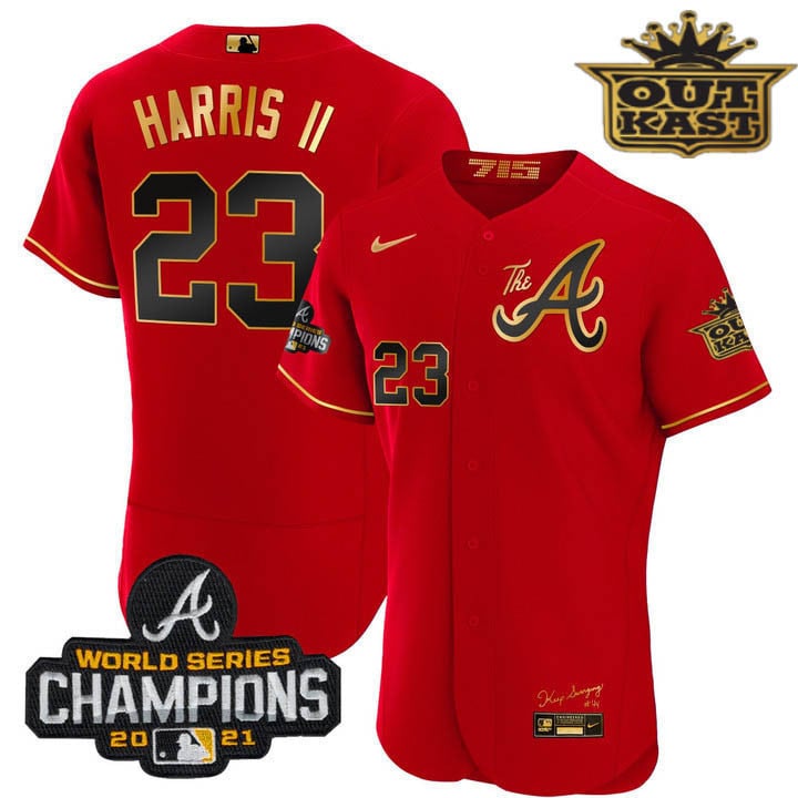Men's Atlanta Braves Outkast Gold The A Flex Base Jersey  All Stitched