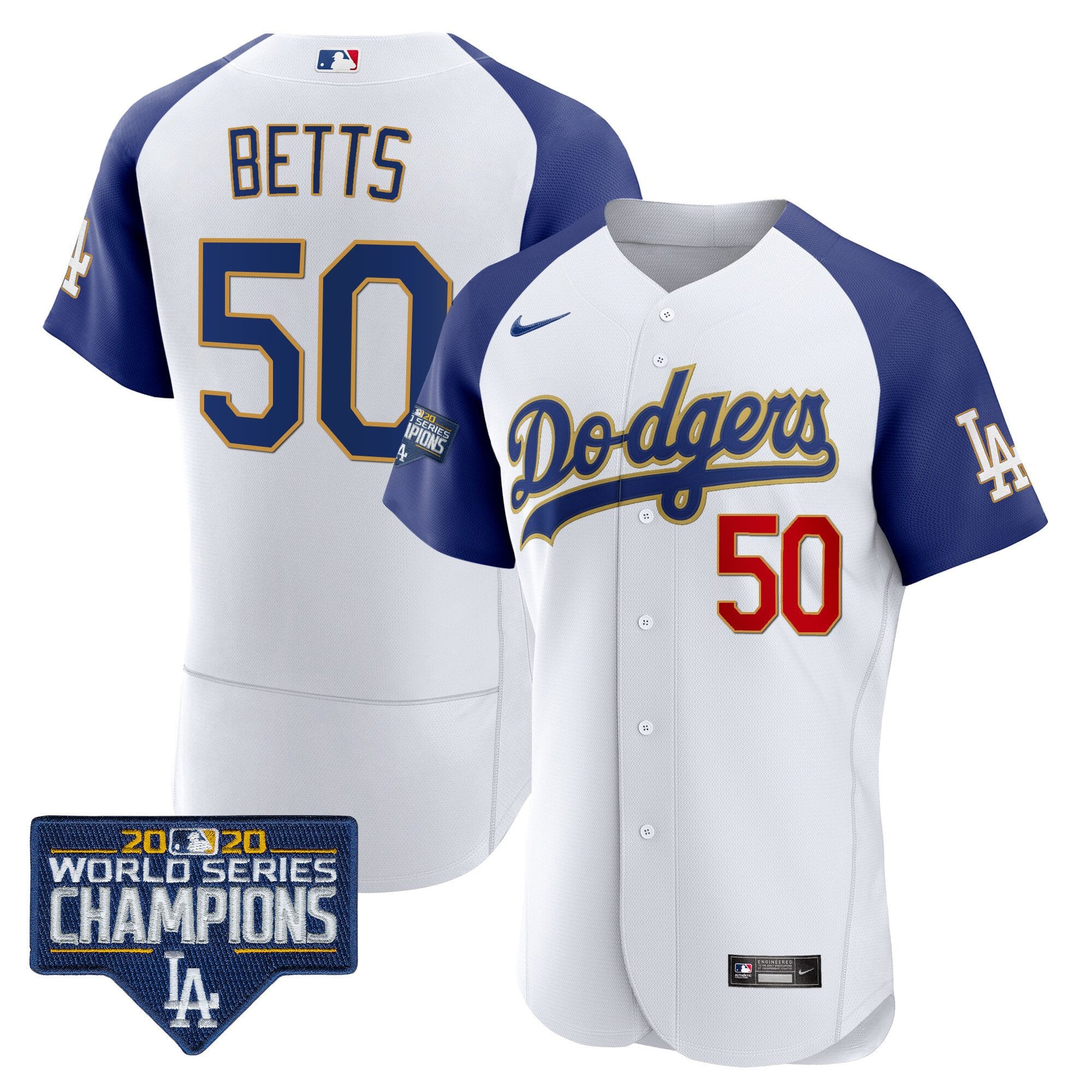 Men's Dodgers World Series Champions Patch Flex Base Gold Trim Jersey - All Stitched