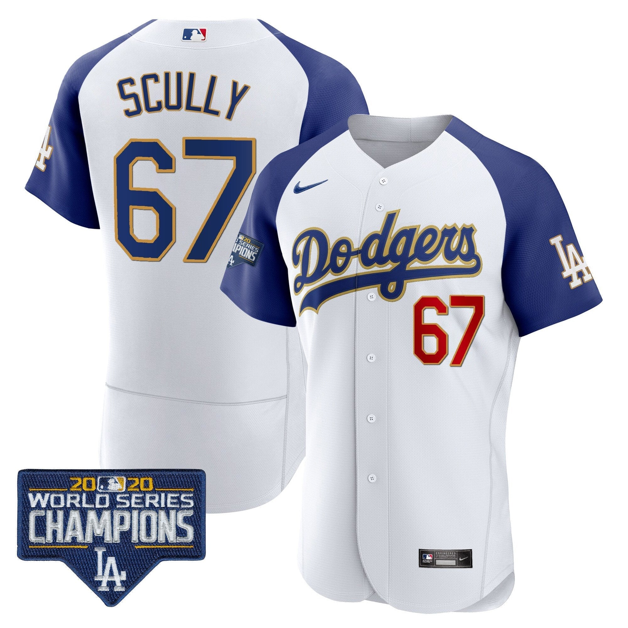 Men's Dodgers World Series Champions Patch Flex Base Gold Trim Jersey - All Stitched