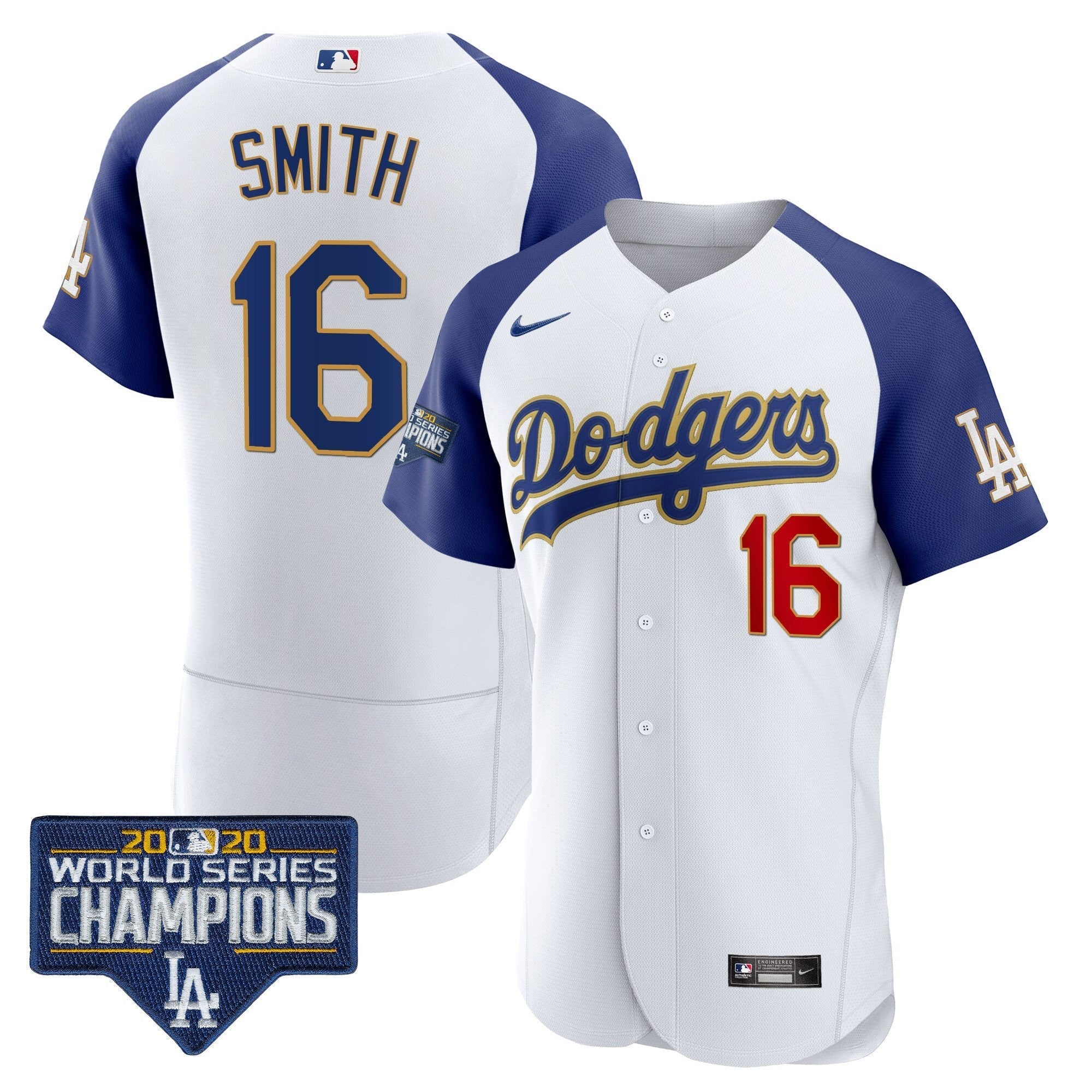 Men's Dodgers World Series Champions Patch Flex Base Gold Trim Jersey - All Stitched