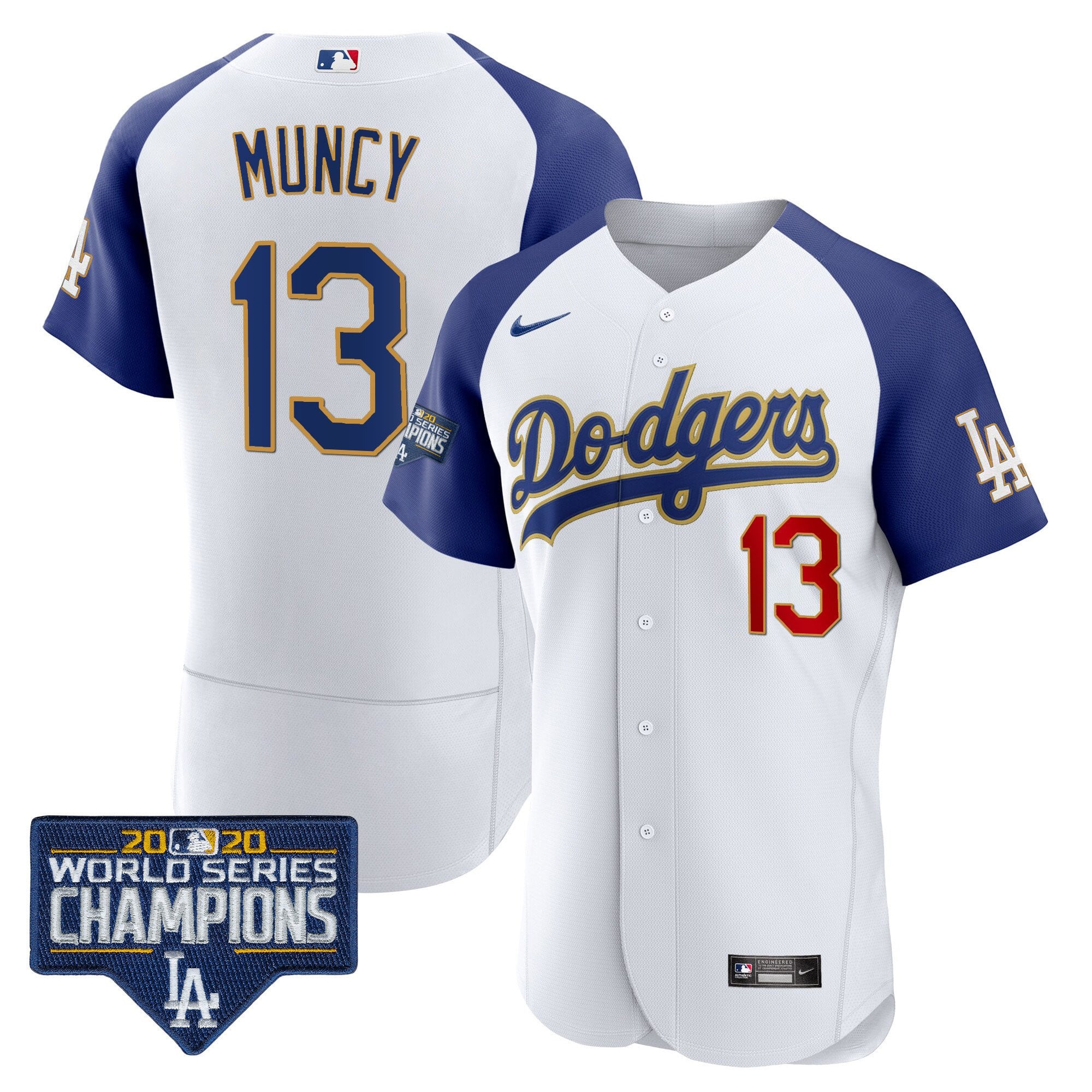 Men's Dodgers World Series Champions Patch Flex Base Gold Trim Jersey - All Stitched