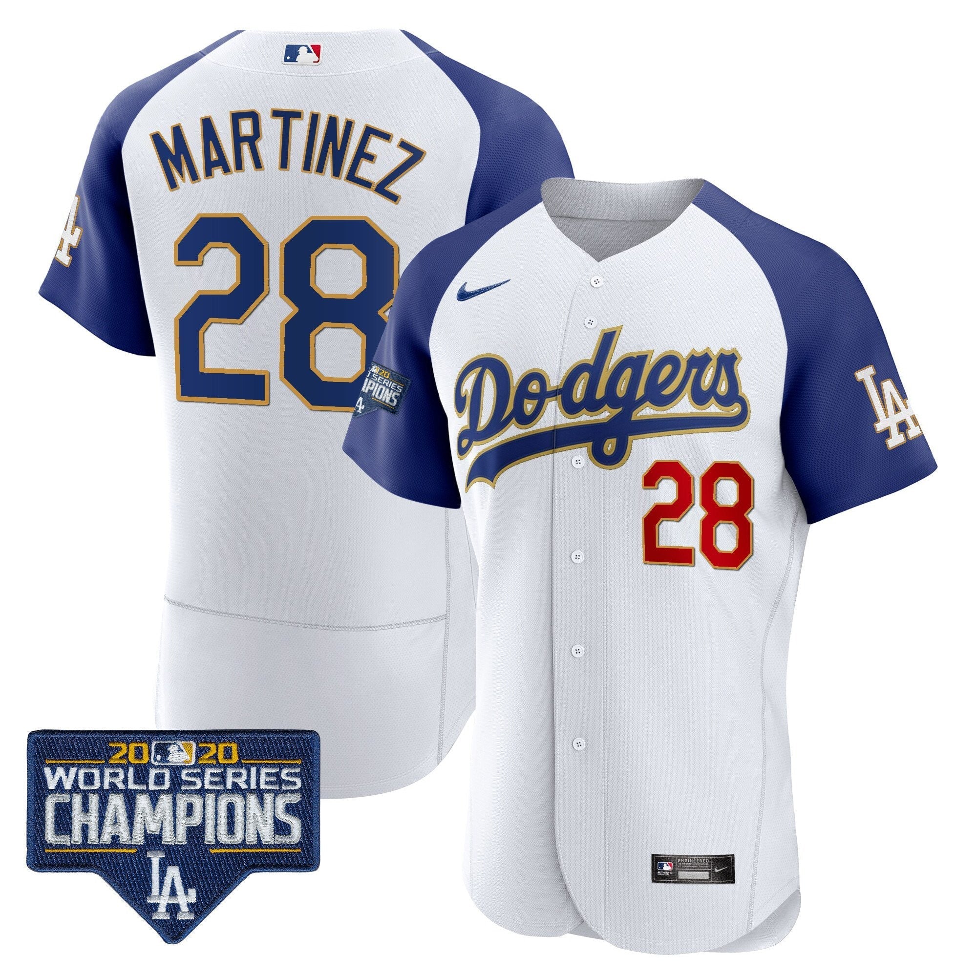 Men's Dodgers World Series Champions Patch Flex Base Gold Trim Jersey - All Stitched