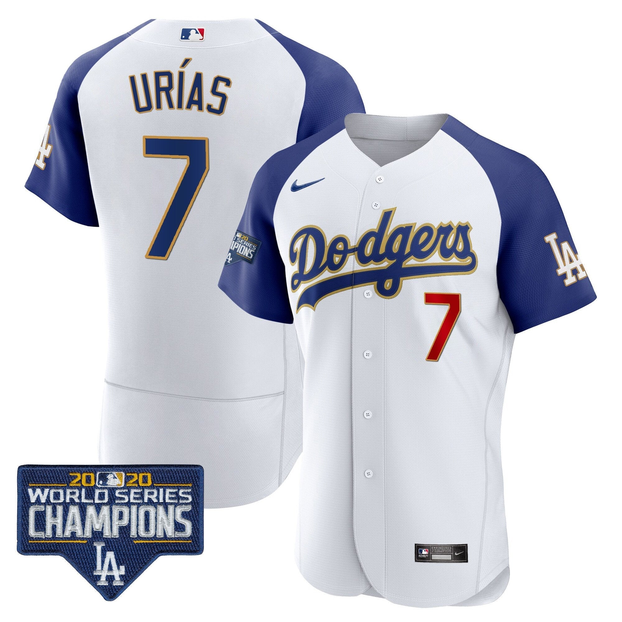Men's Dodgers World Series Champions Patch Flex Base Gold Trim Jersey - All Stitched