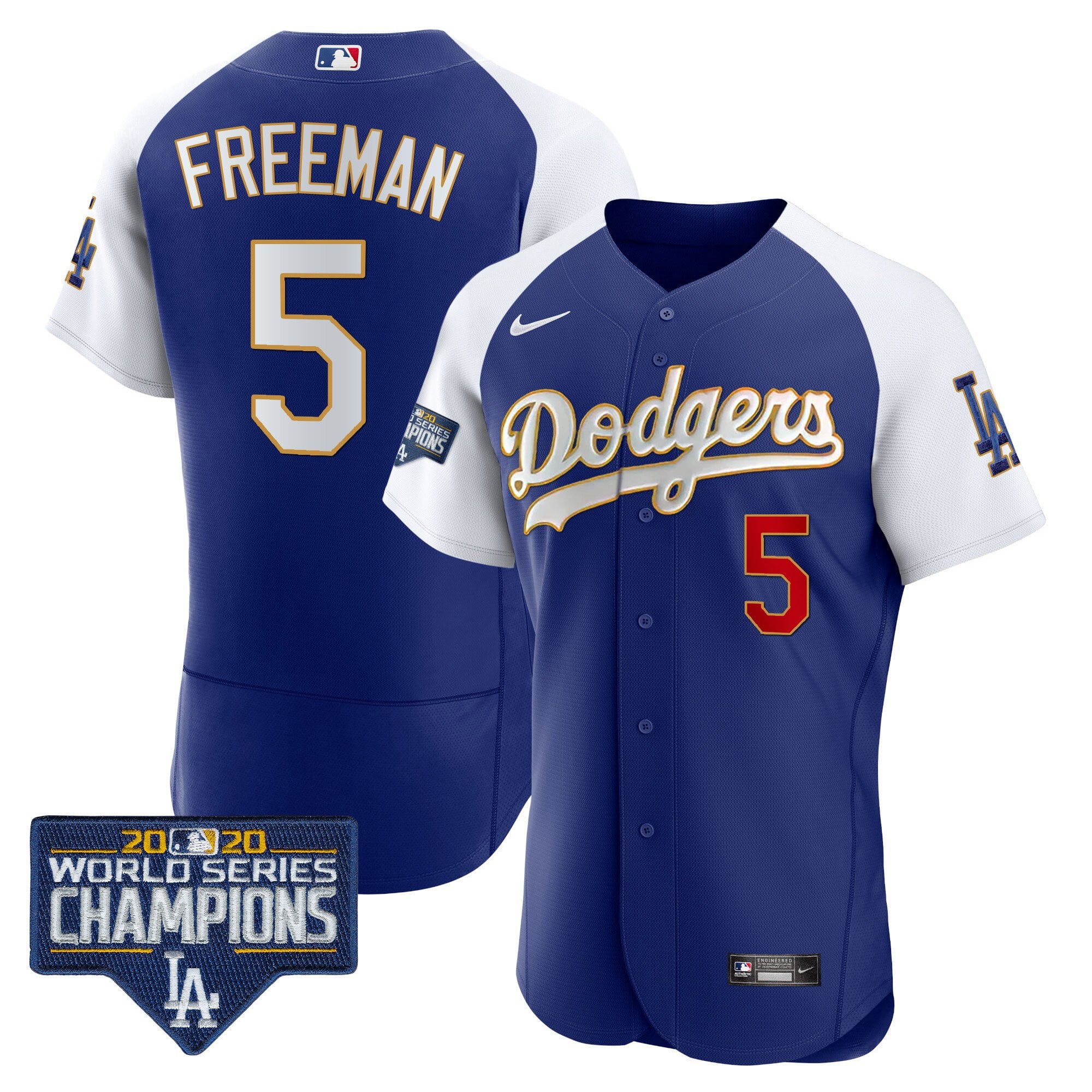 Men's Dodgers World Series Champions Patch Flex Base Gold Trim Jersey - All Stitched