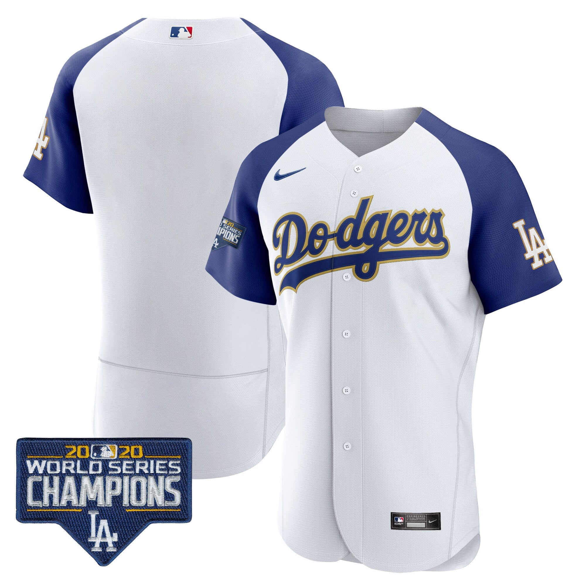 Men's Dodgers World Series Champions Patch Flex Base Gold Trim Jersey - All Stitched