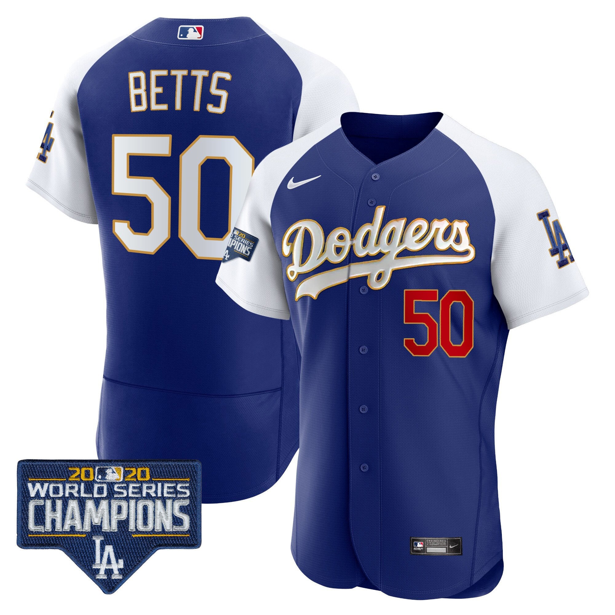 Men's Dodgers World Series Champions Patch Flex Base Gold Trim Jersey - All Stitched