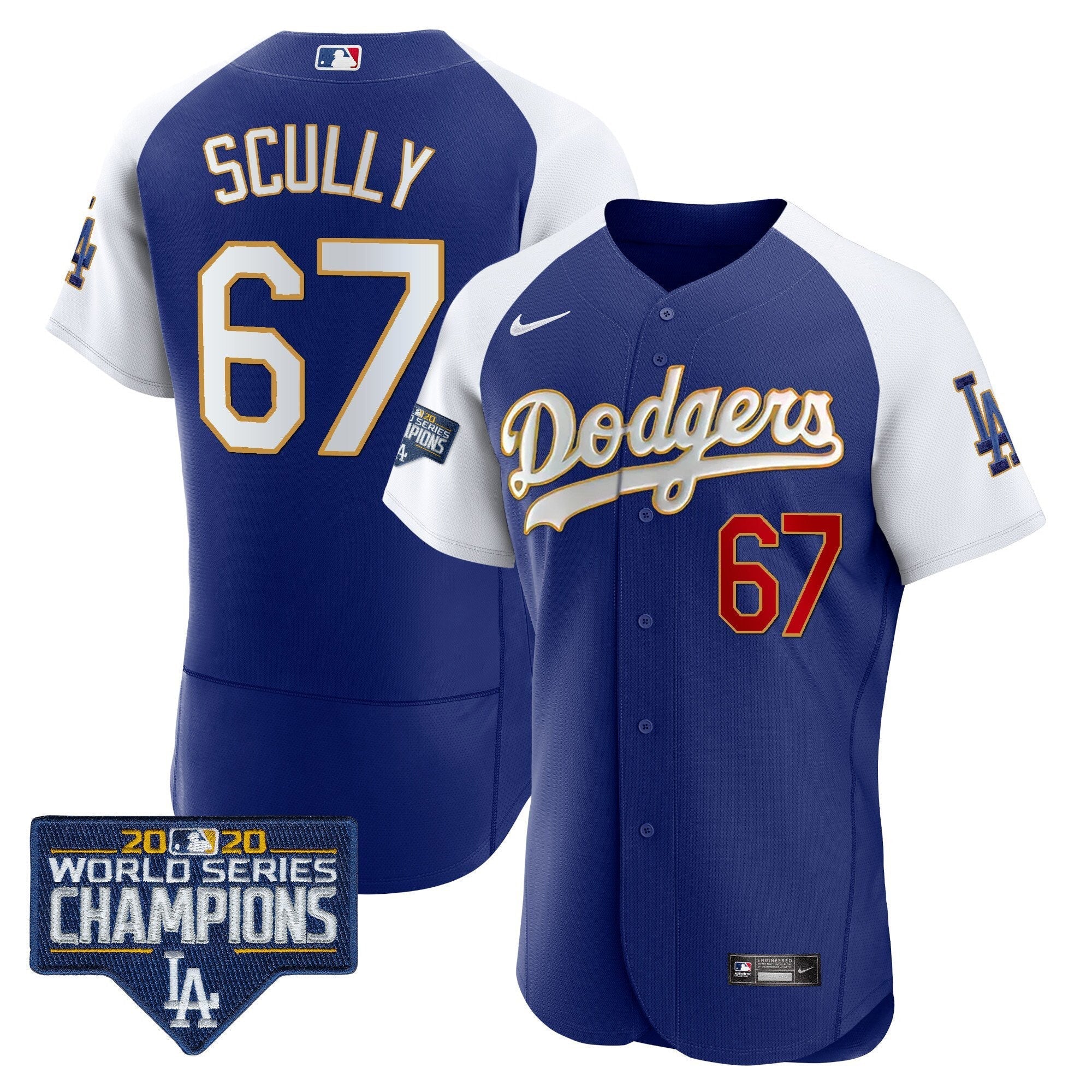 Men's Dodgers World Series Champions Patch Flex Base Gold Trim Jersey - All Stitched