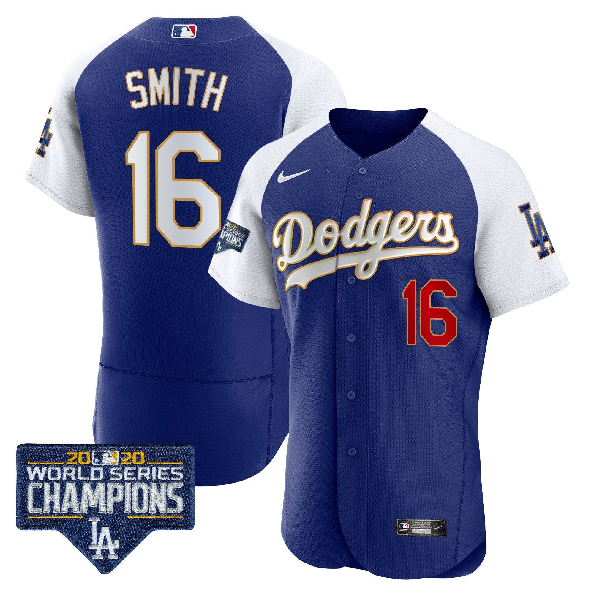 Men's Dodgers World Series Champions Patch Flex Base Gold Trim Jersey - All Stitched