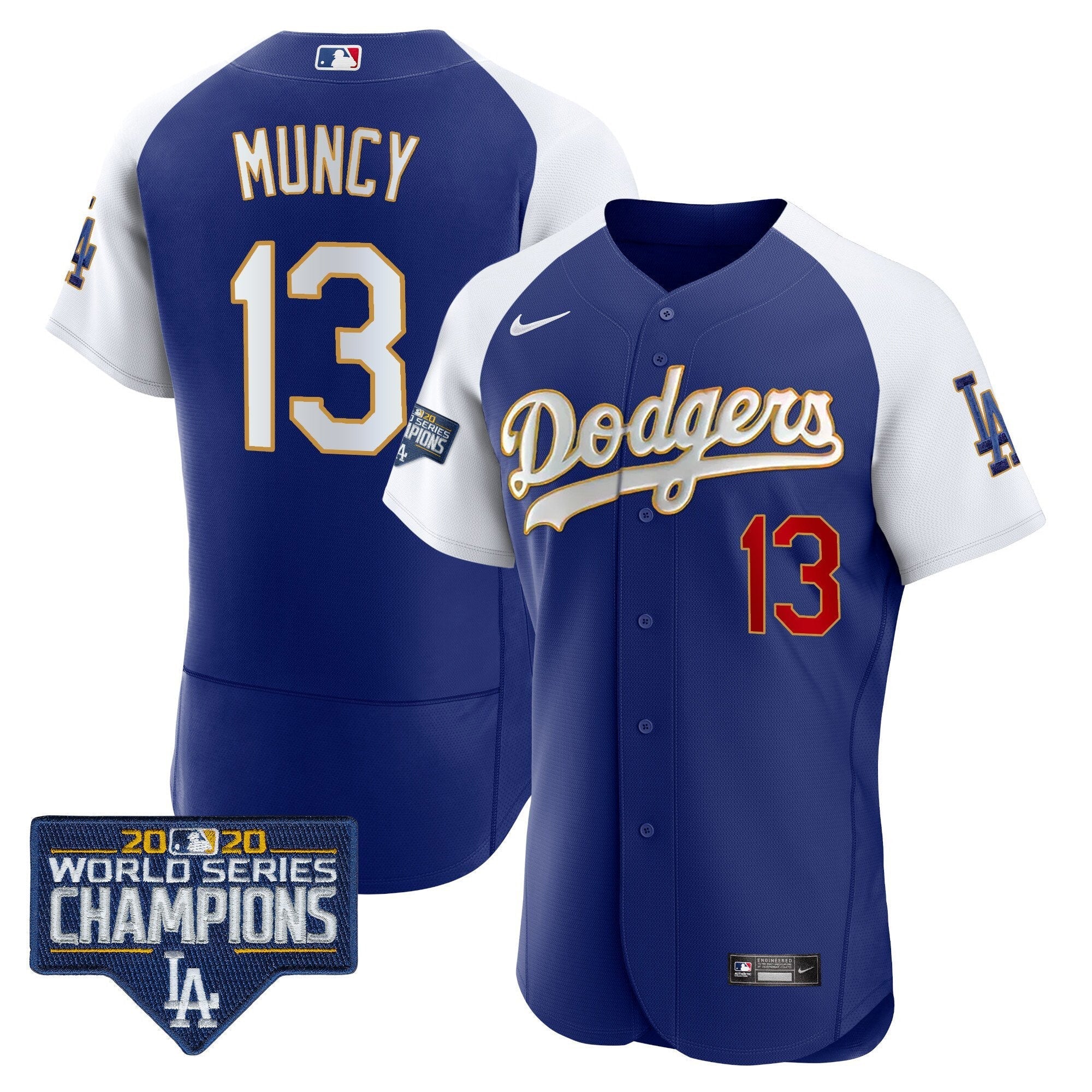 Men's Dodgers World Series Champions Patch Flex Base Gold Trim Jersey - All Stitched