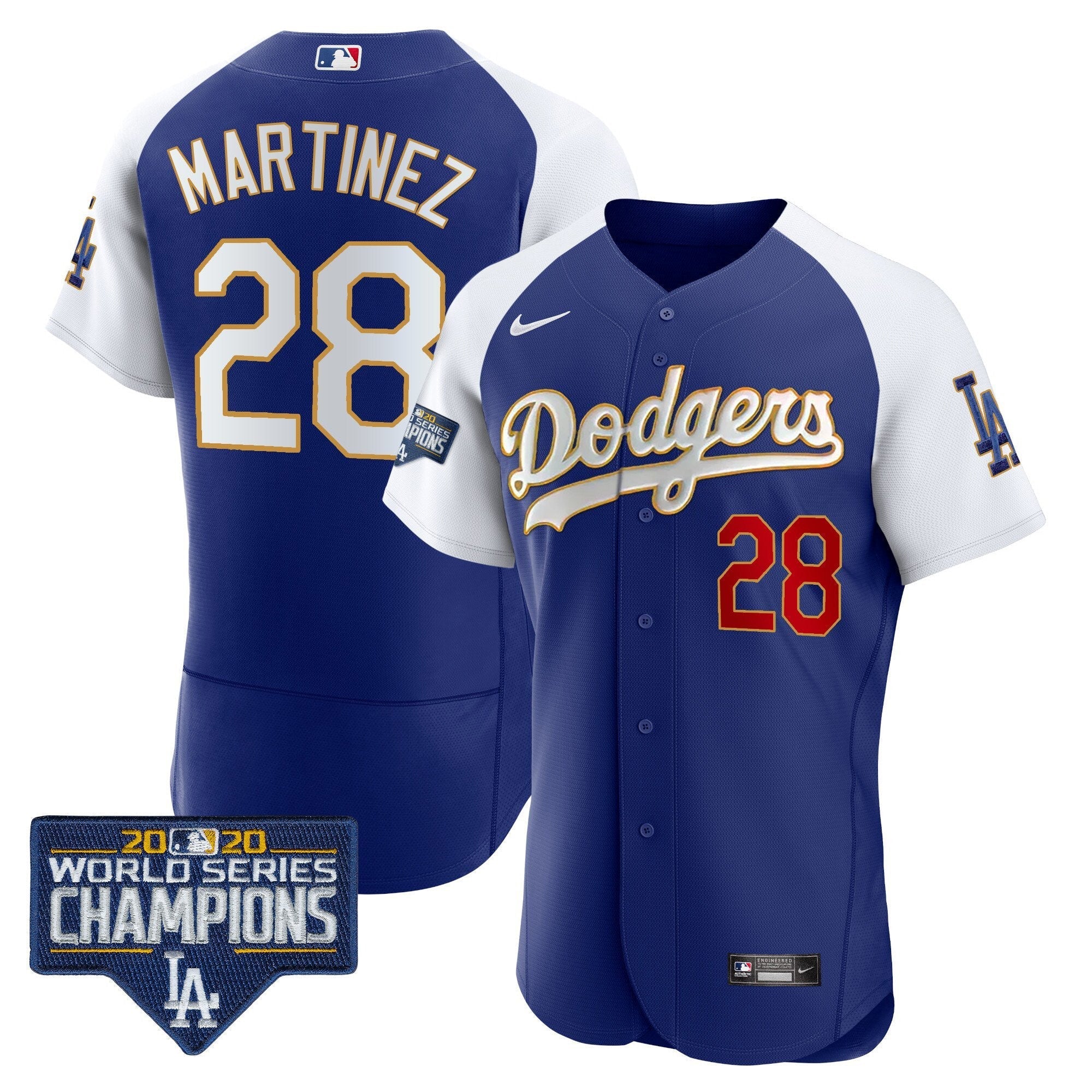 Men's Dodgers World Series Champions Patch Flex Base Gold Trim Jersey - All Stitched