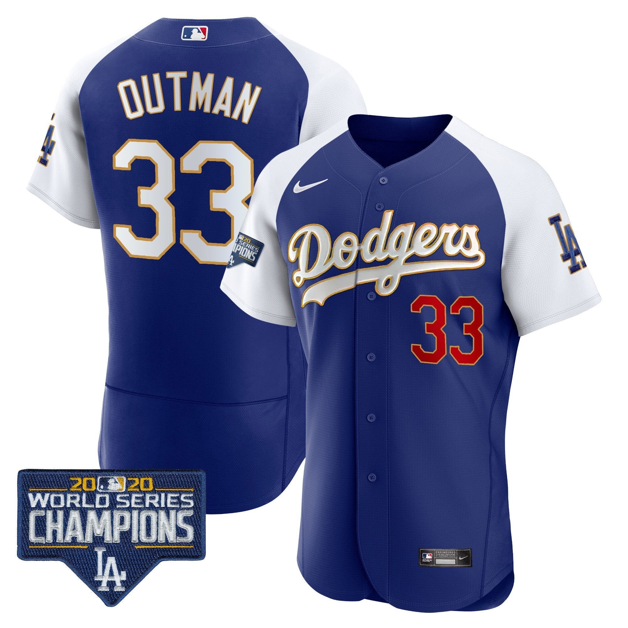 Men's Dodgers World Series Champions Patch Flex Base Gold Trim Jersey - All Stitched
