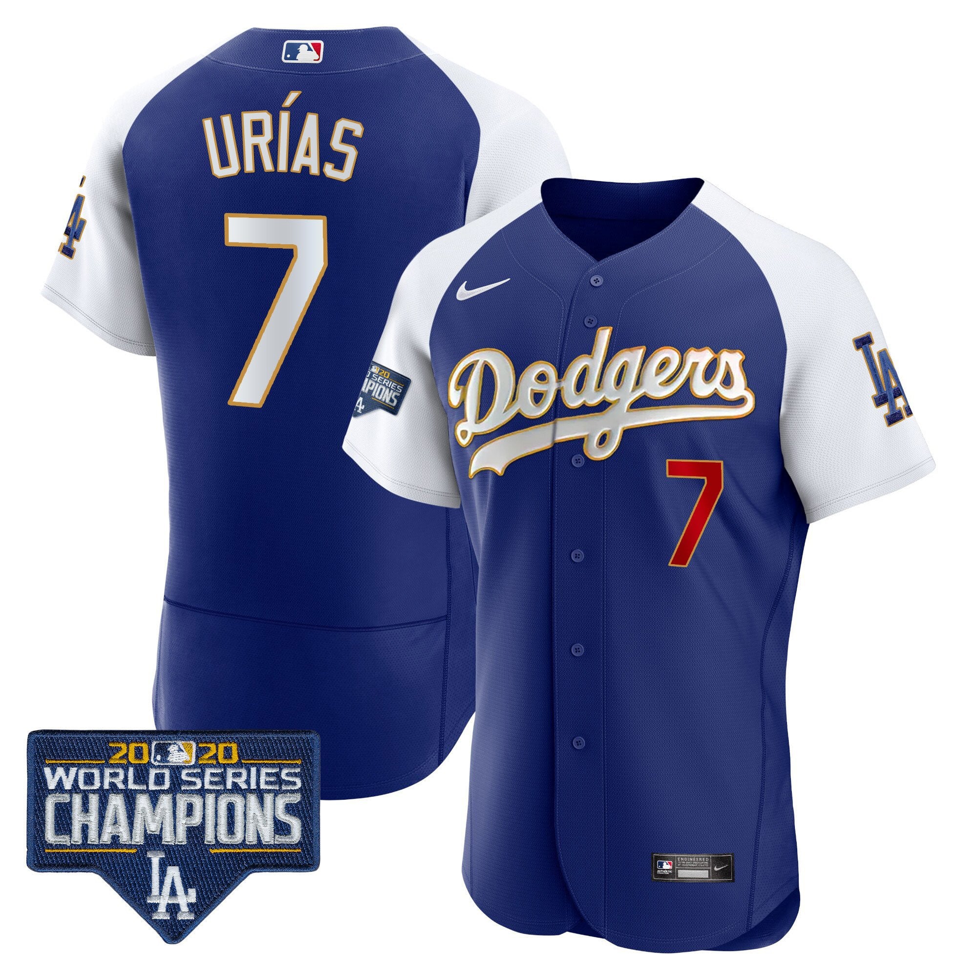 Men's Dodgers World Series Champions Patch Flex Base Gold Trim Jersey - All Stitched