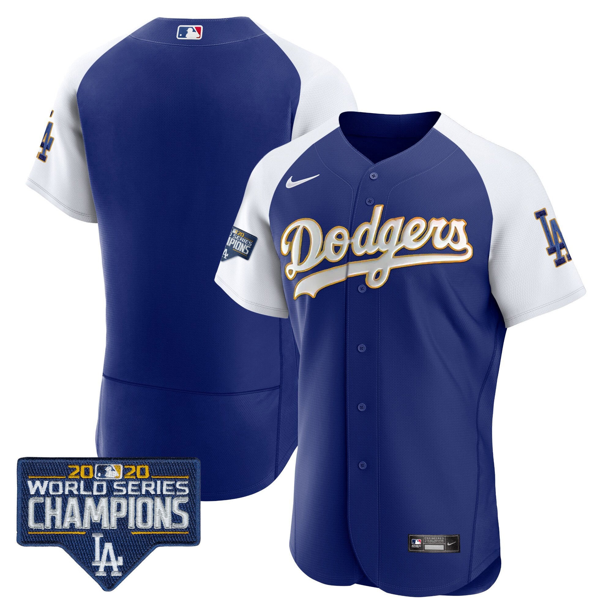 Men's Dodgers World Series Champions Patch Flex Base Gold Trim Jersey - All Stitched
