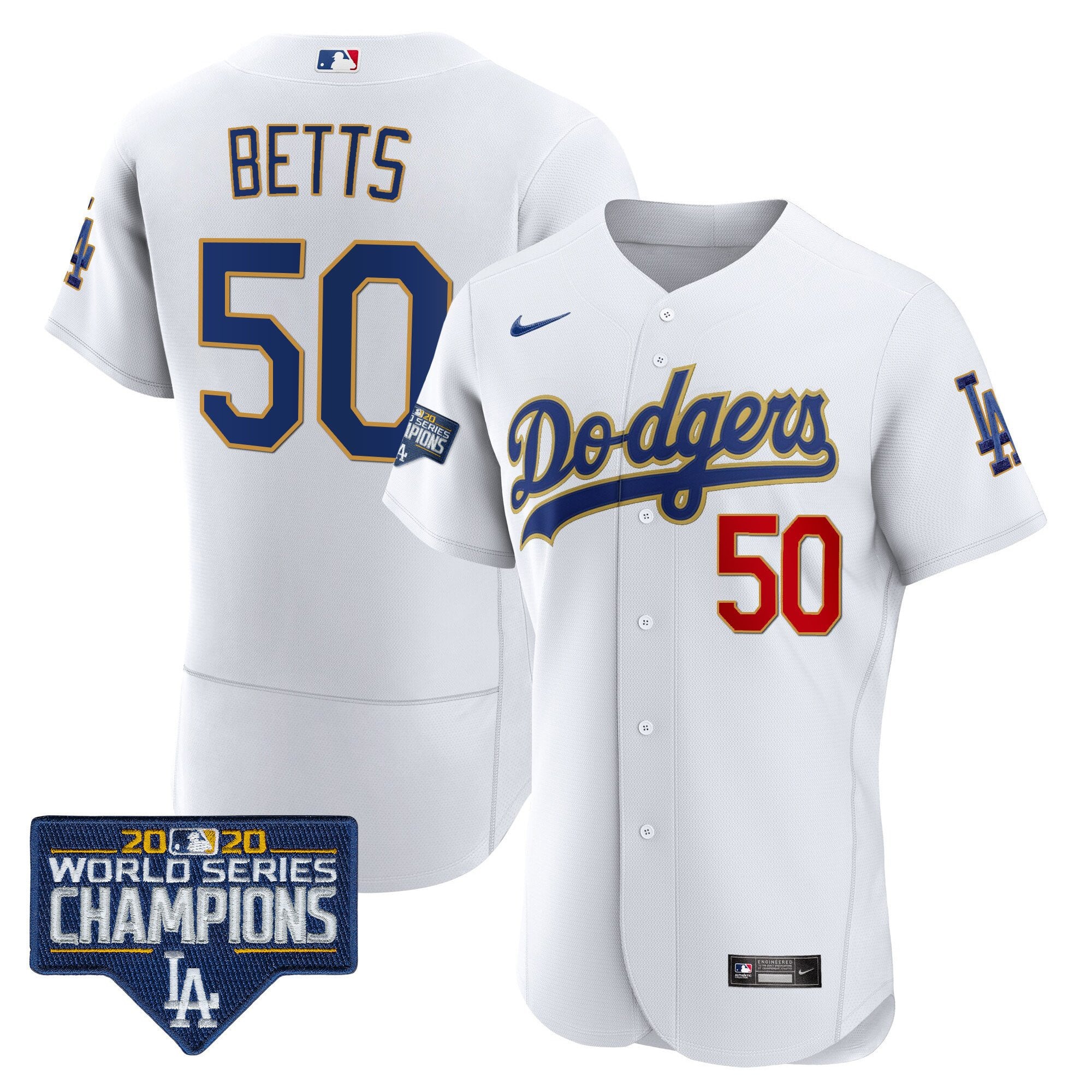Men's Dodgers World Series Champions Patch Flex Base Gold Trim Jersey - All Stitched