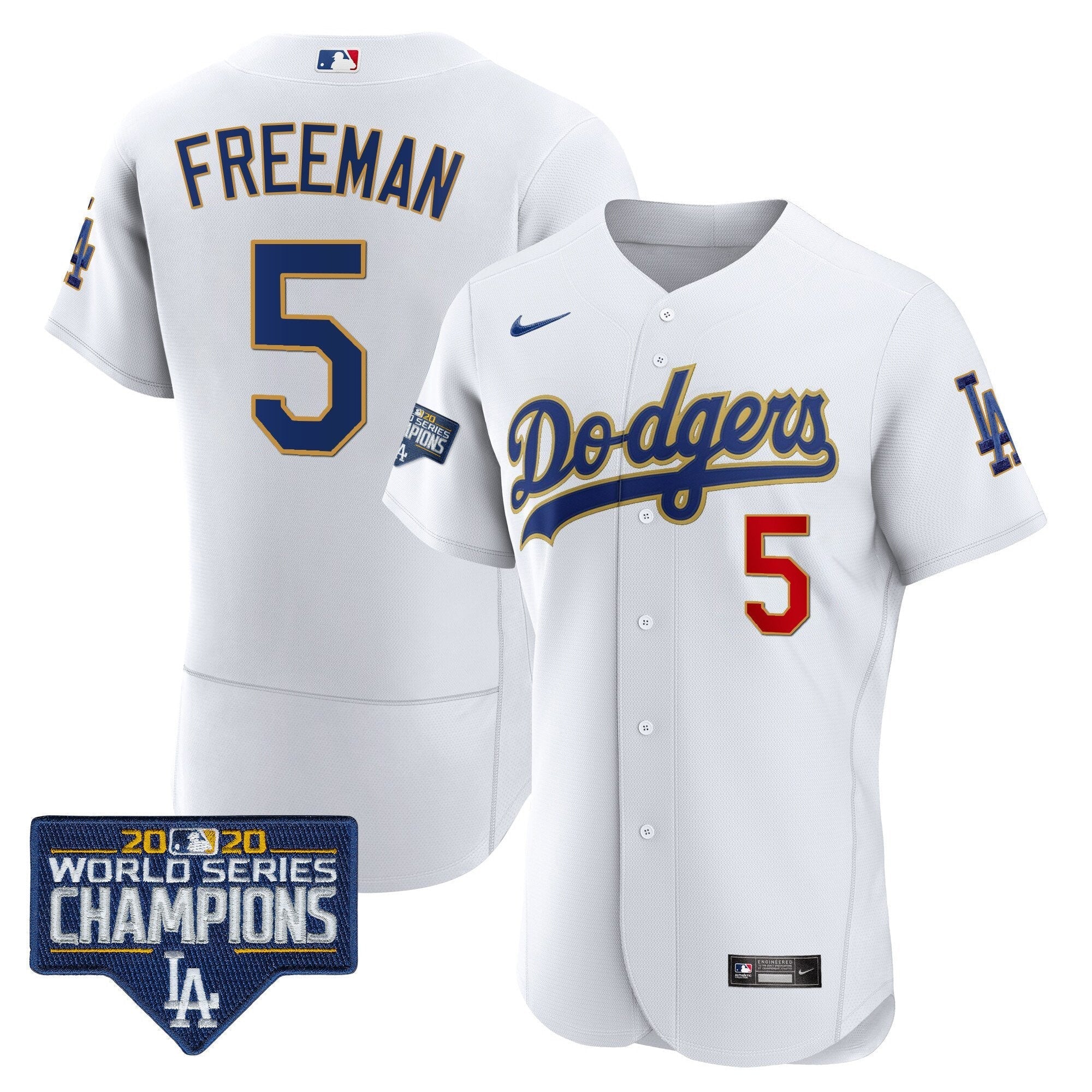 Men's Dodgers World Series Champions Patch Flex Base Gold Trim Jersey - All Stitched
