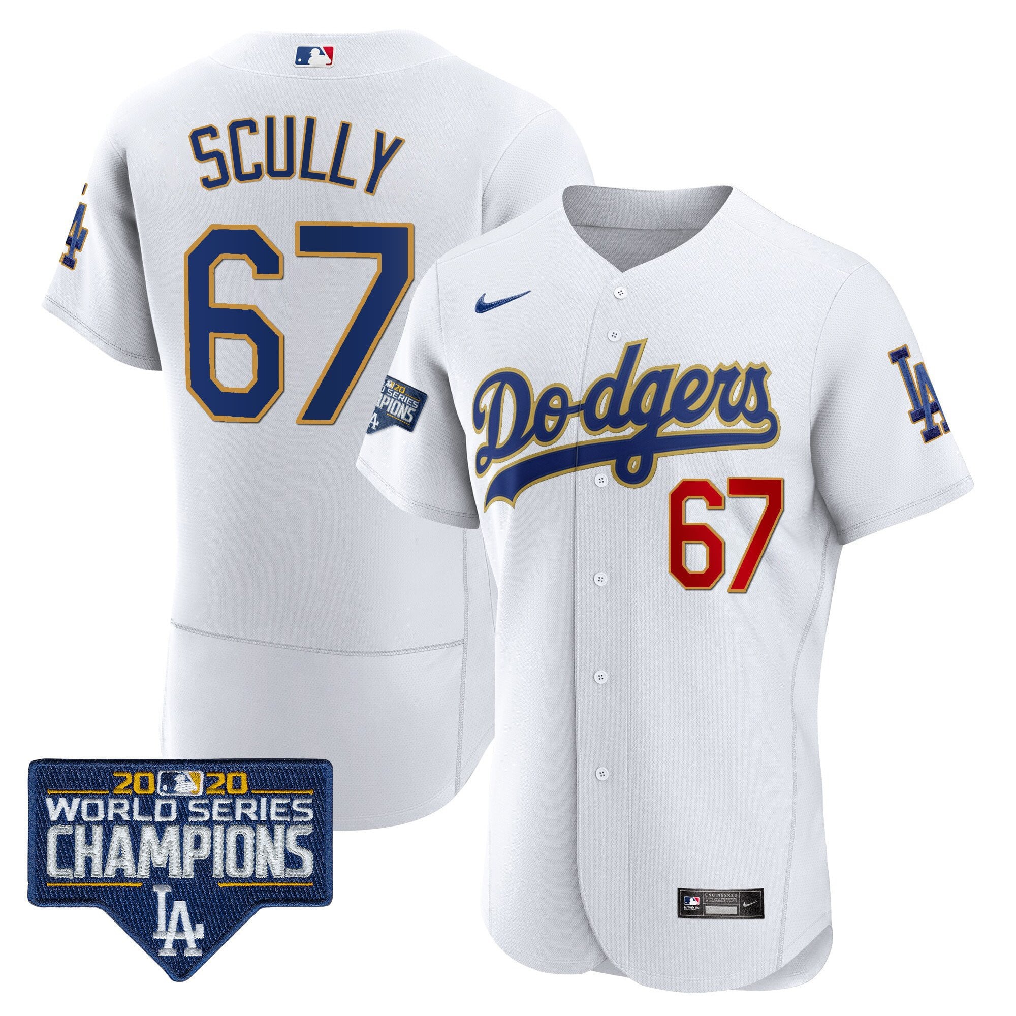 Men's Dodgers World Series Champions Patch Flex Base Gold Trim Jersey - All Stitched