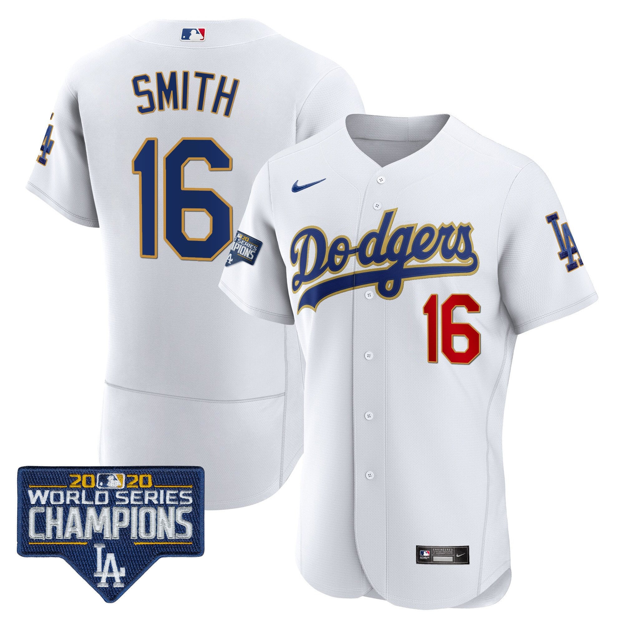 Men's Dodgers World Series Champions Patch Flex Base Gold Trim Jersey - All Stitched