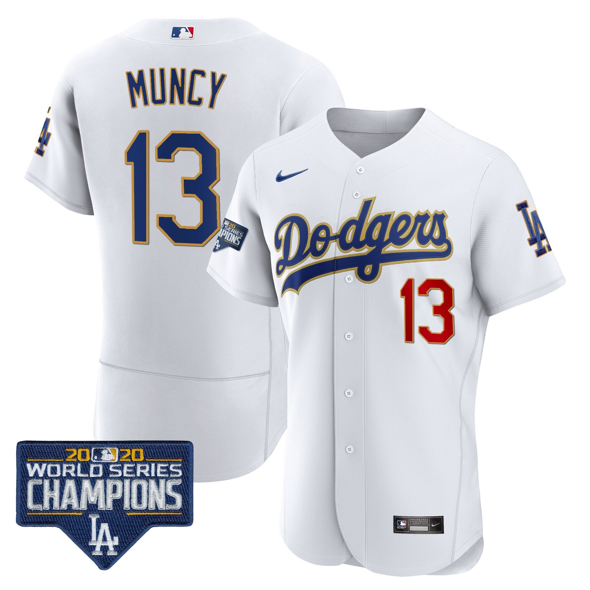 Men's Dodgers World Series Champions Patch Flex Base Gold Trim Jersey - All Stitched