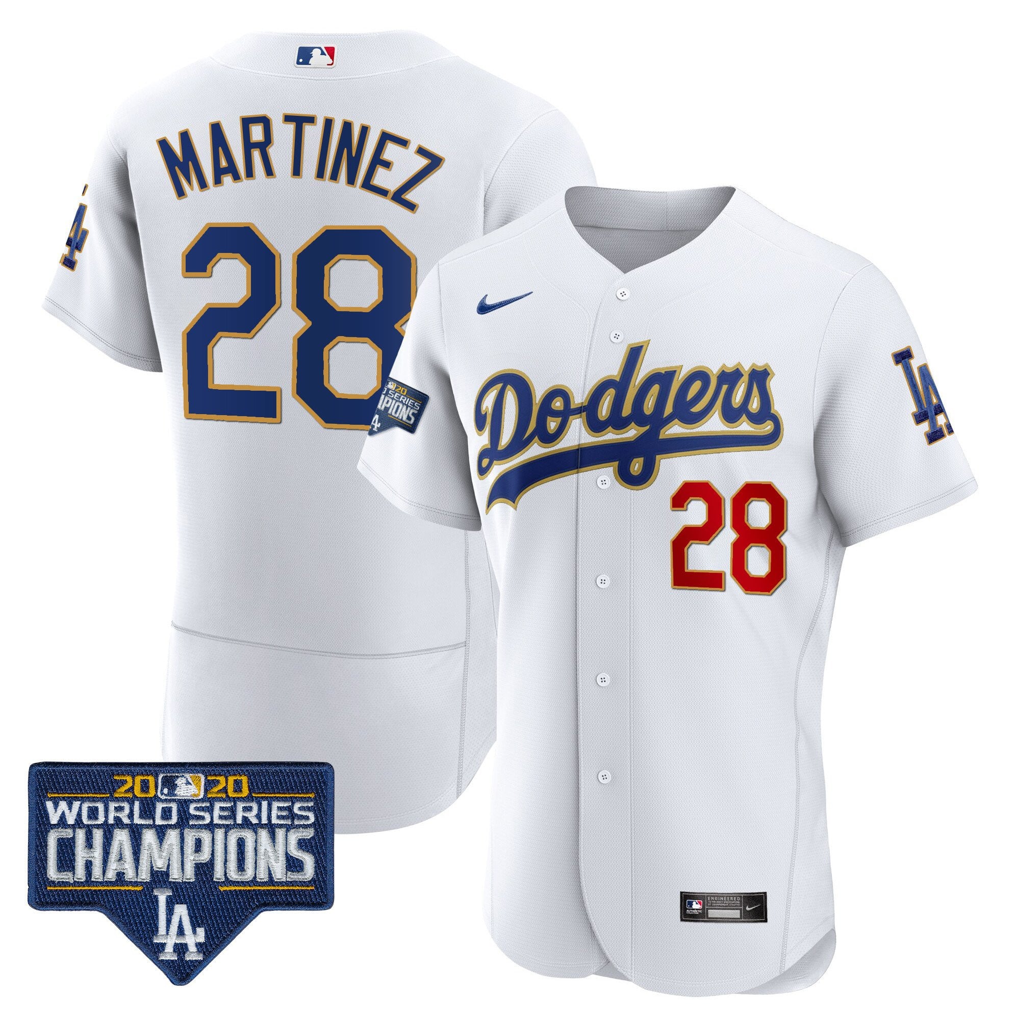 Men's Dodgers World Series Champions Patch Flex Base Gold Trim Jersey - All Stitched