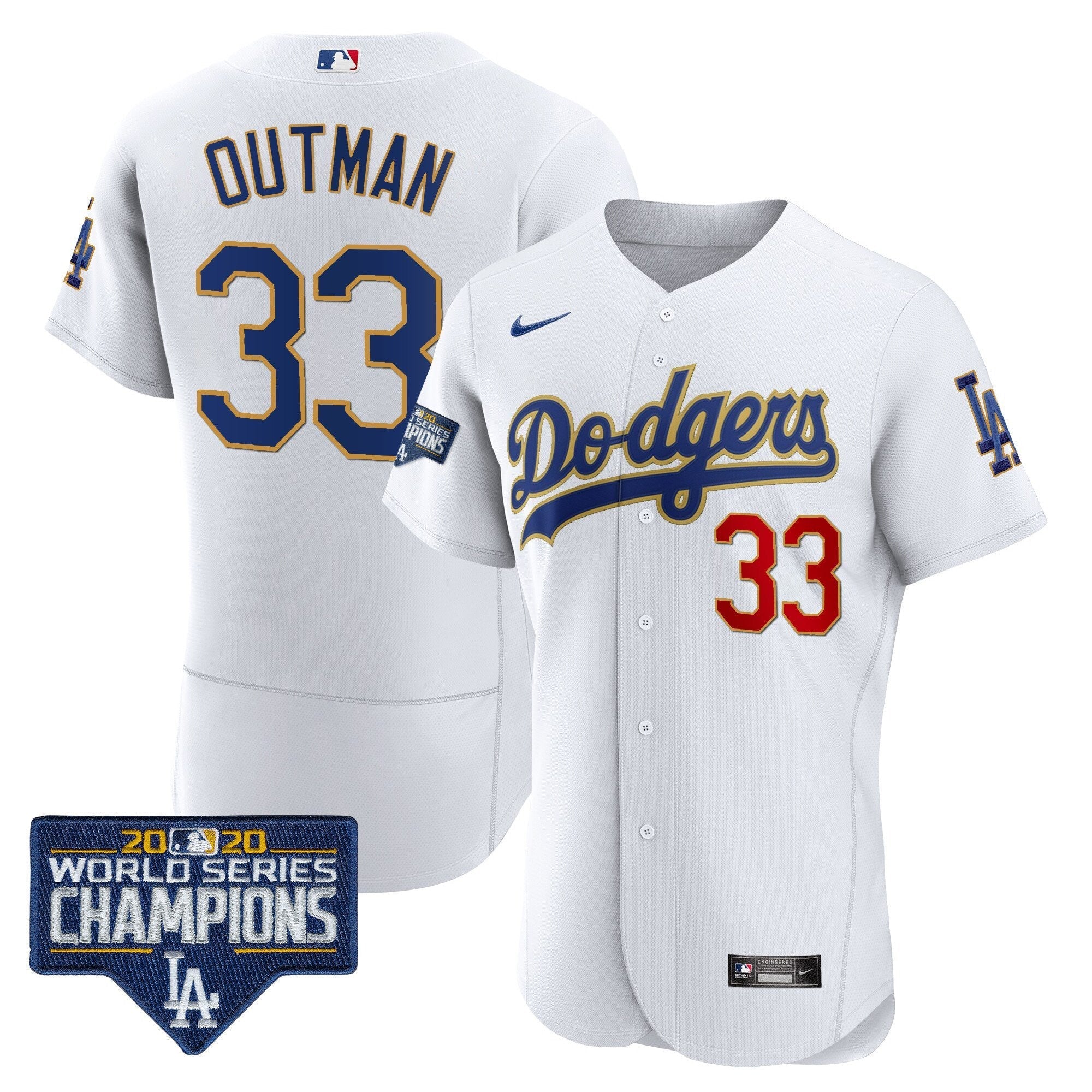 Men's Dodgers World Series Champions Patch Flex Base Gold Trim Jersey - All Stitched