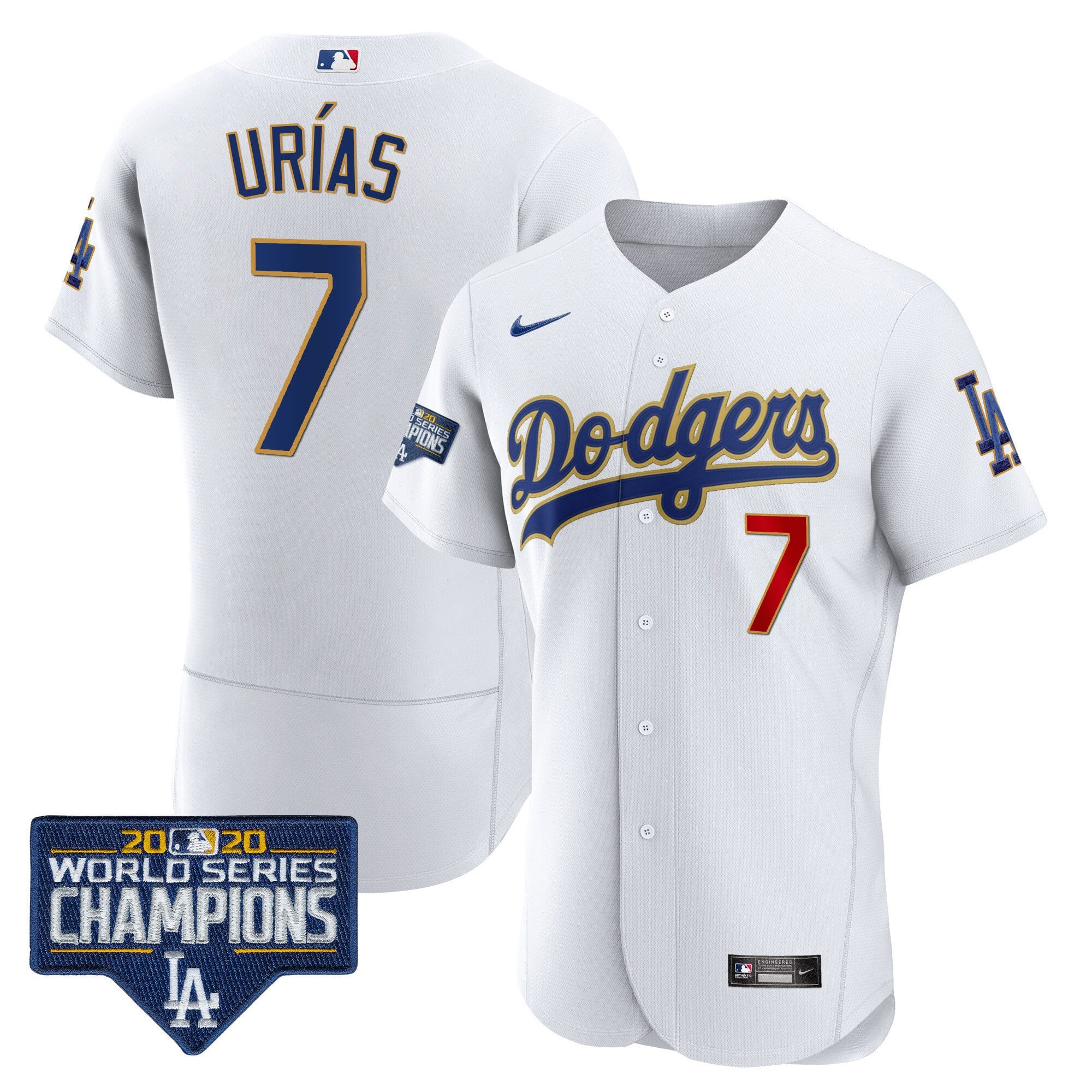 Men's Dodgers World Series Champions Patch Flex Base Gold Trim Jersey - All Stitched