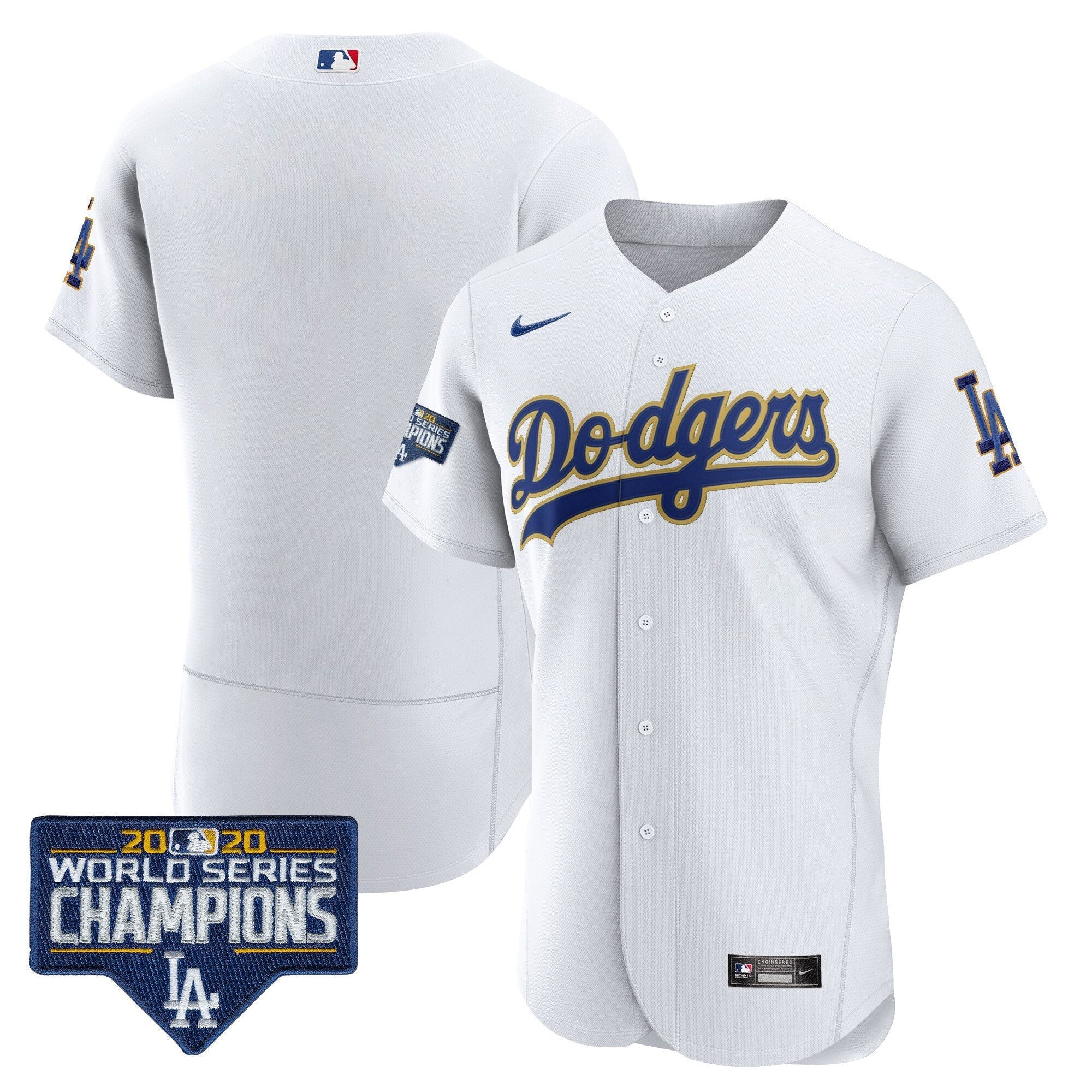 Men's Dodgers World Series Champions Patch Flex Base Gold Trim Jersey - All Stitched