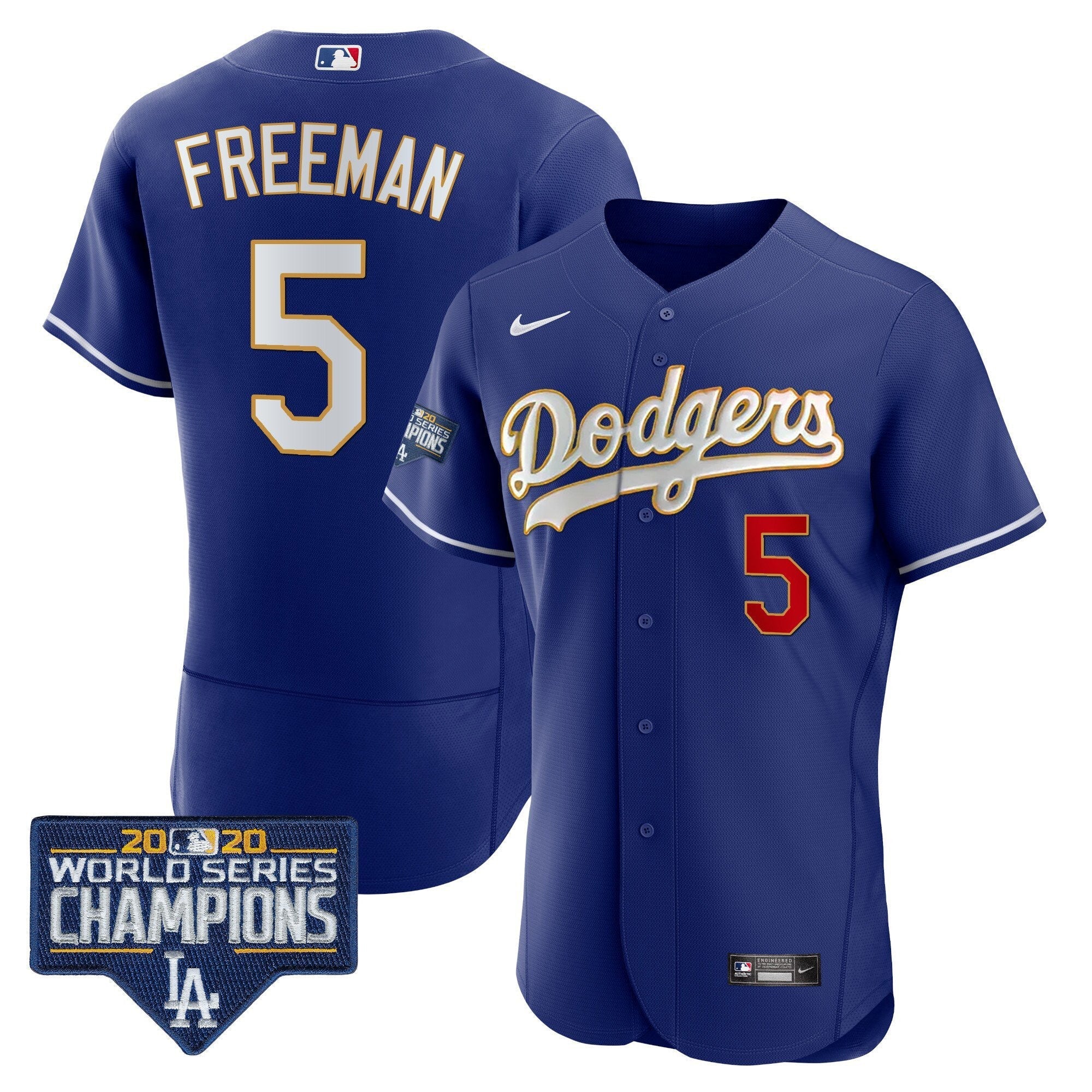 Men's Dodgers World Series Champions Patch Flex Base Gold Trim Jersey - All Stitched