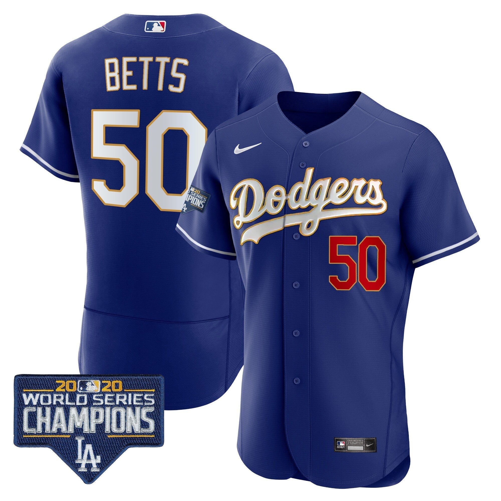 Men's Dodgers World Series Champions Patch Flex Base Gold Trim Jersey - All Stitched