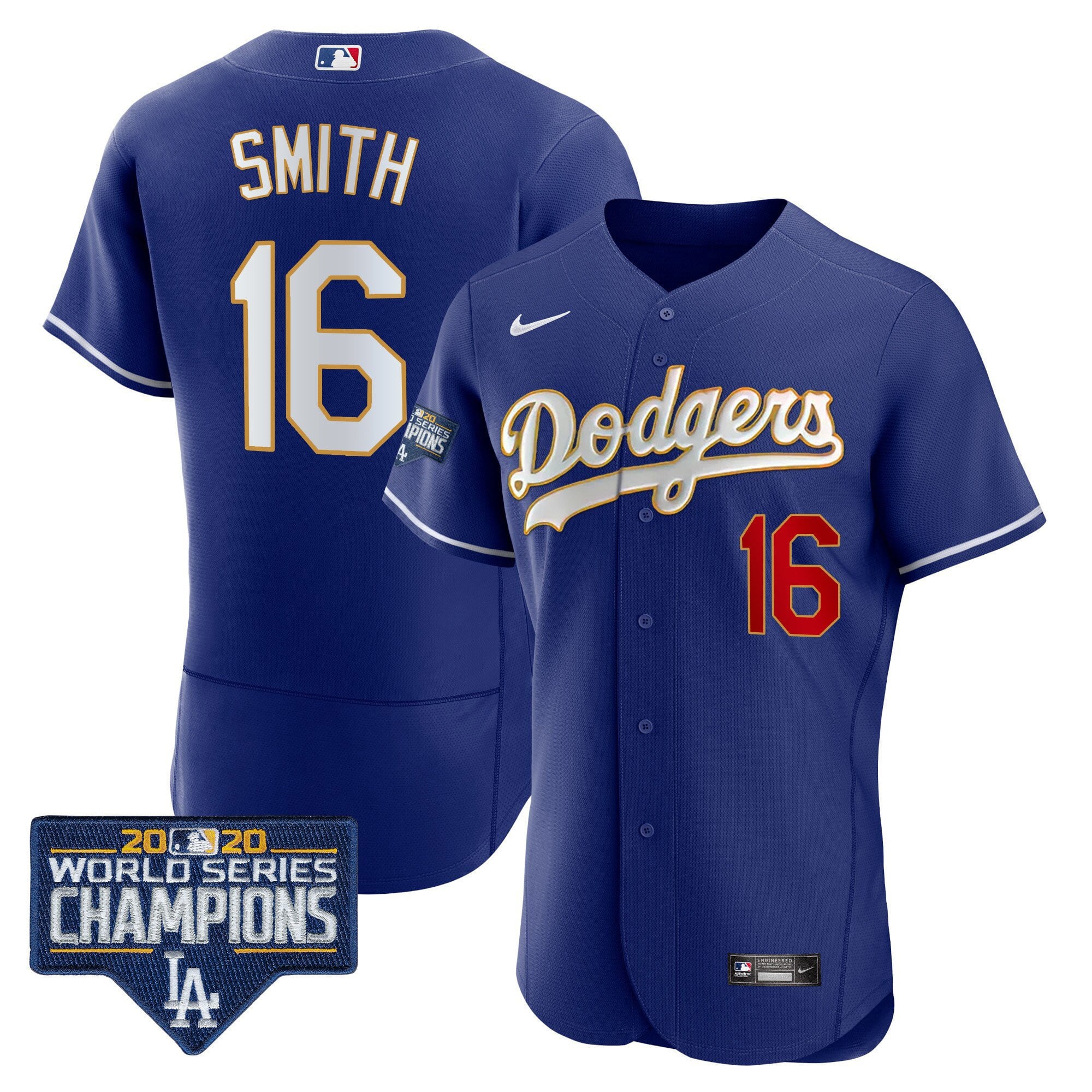 Men's Dodgers World Series Champions Patch Flex Base Gold Trim Jersey - All Stitched