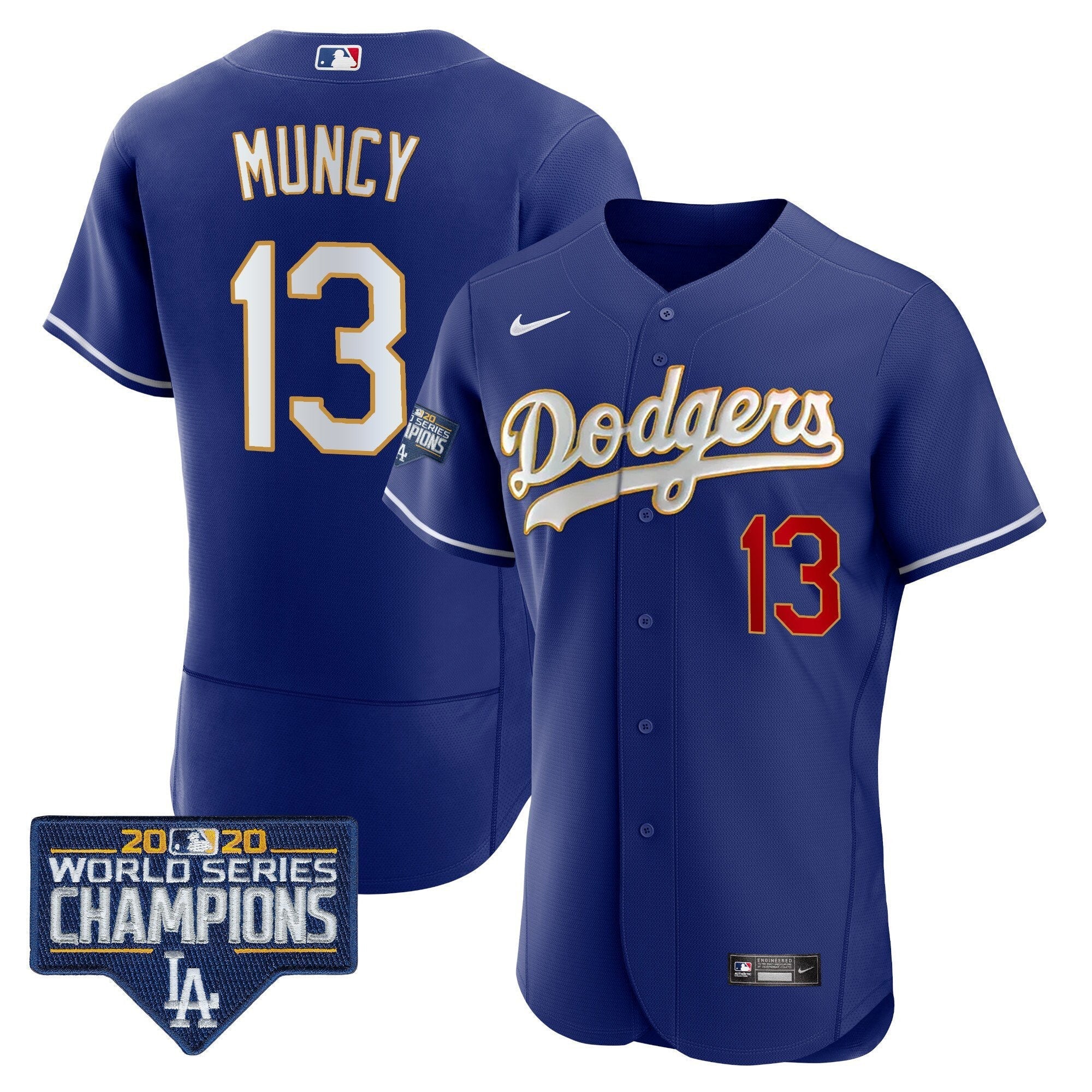 Men's Dodgers World Series Champions Patch Flex Base Gold Trim Jersey - All Stitched