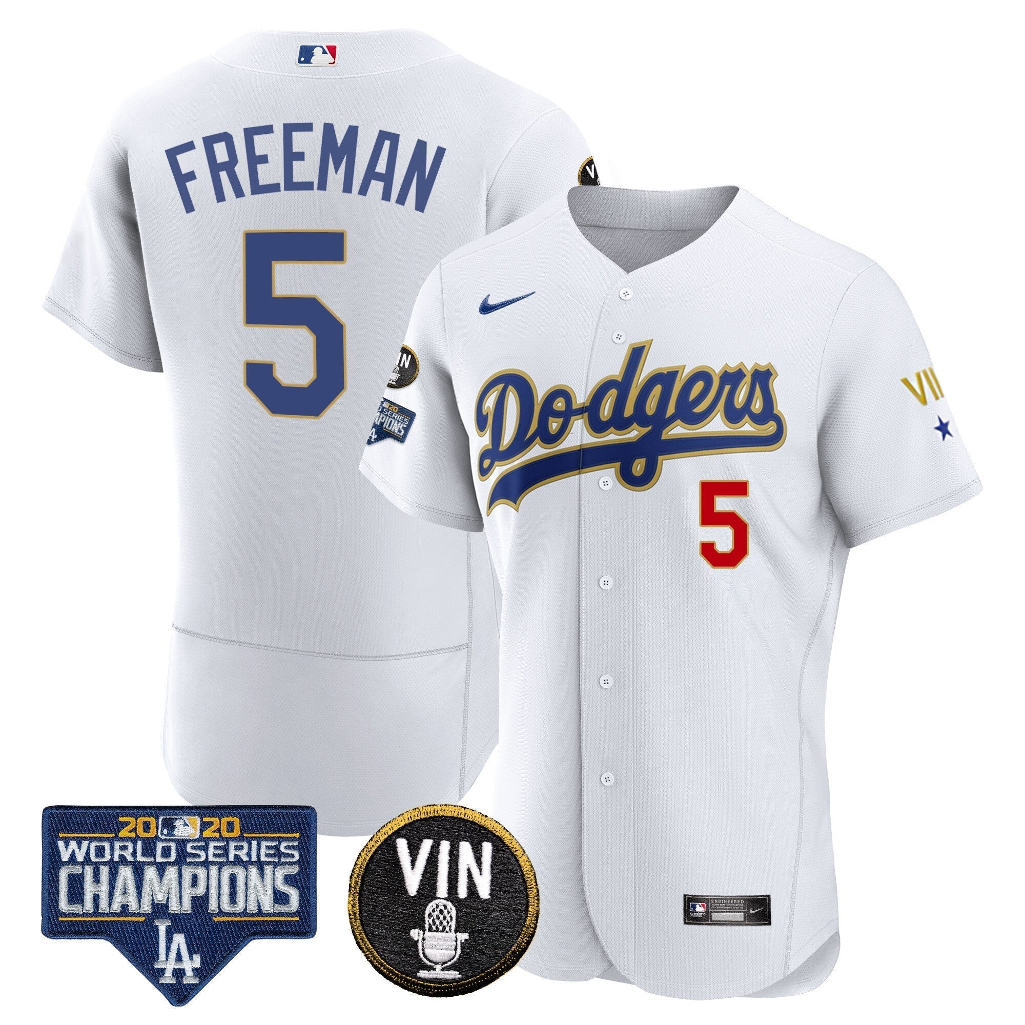 Men's Dodgers World Series & Vin Sculy Patch Gold Jersey - All Stitched