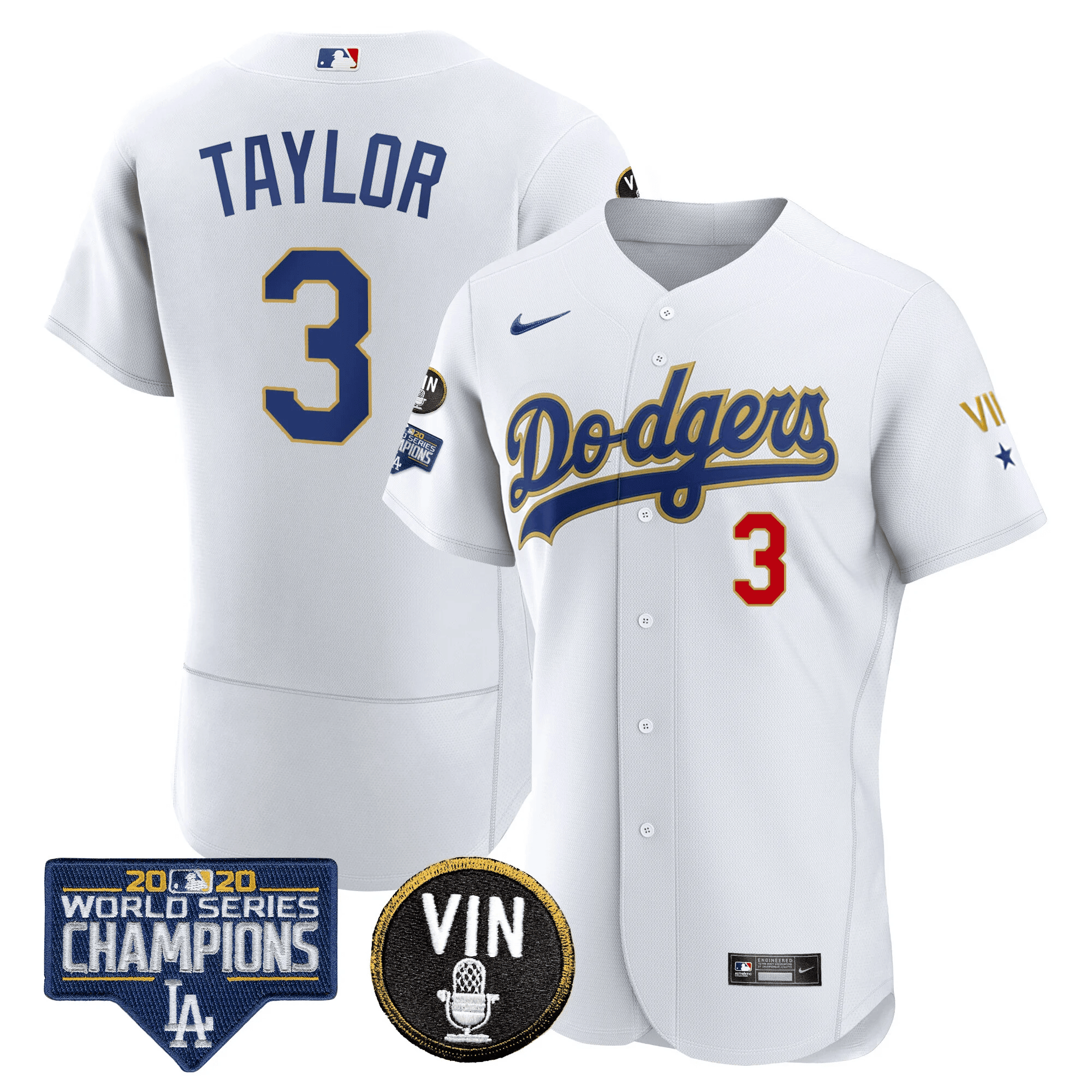 Men's Dodgers World Series & Vin Sculy Patch Gold Jersey - All Stitched