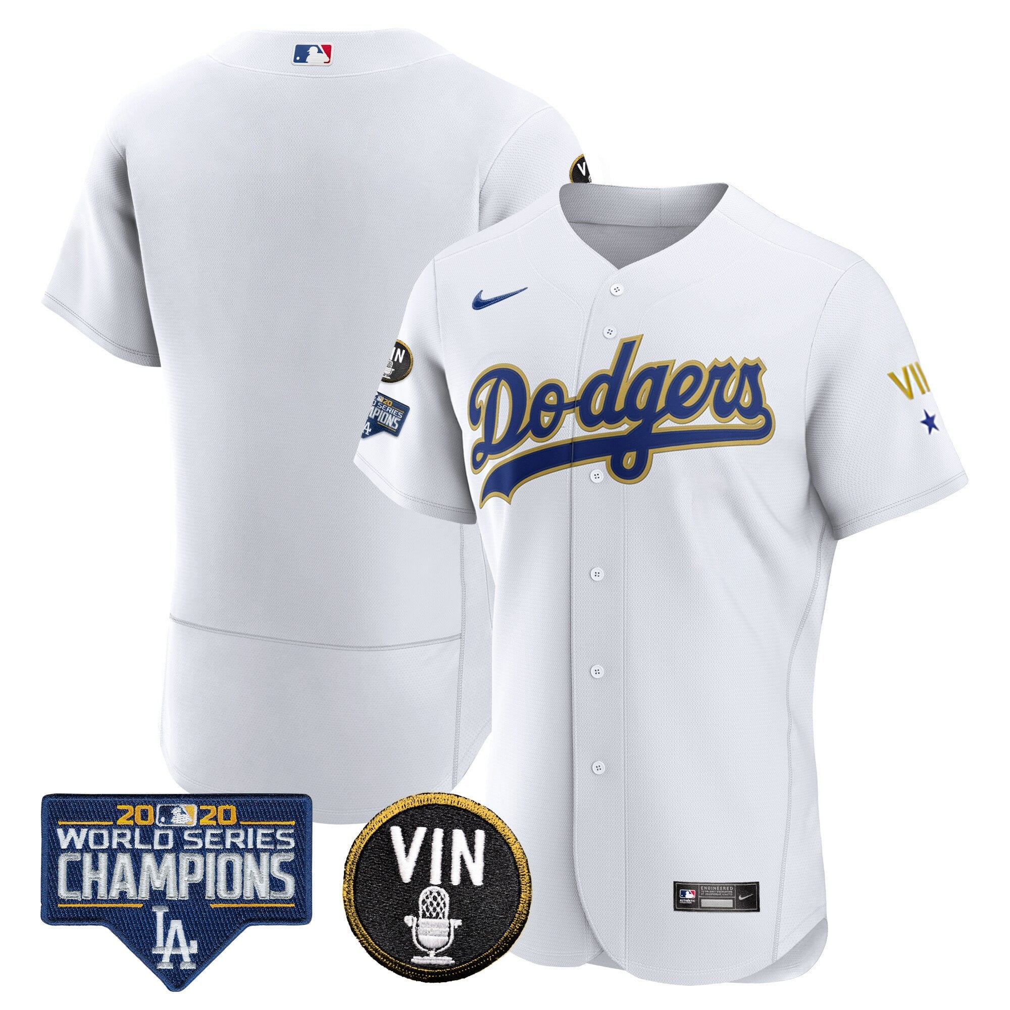 Men's Dodgers World Series & Vin Sculy Patch Gold Jersey - All Stitched