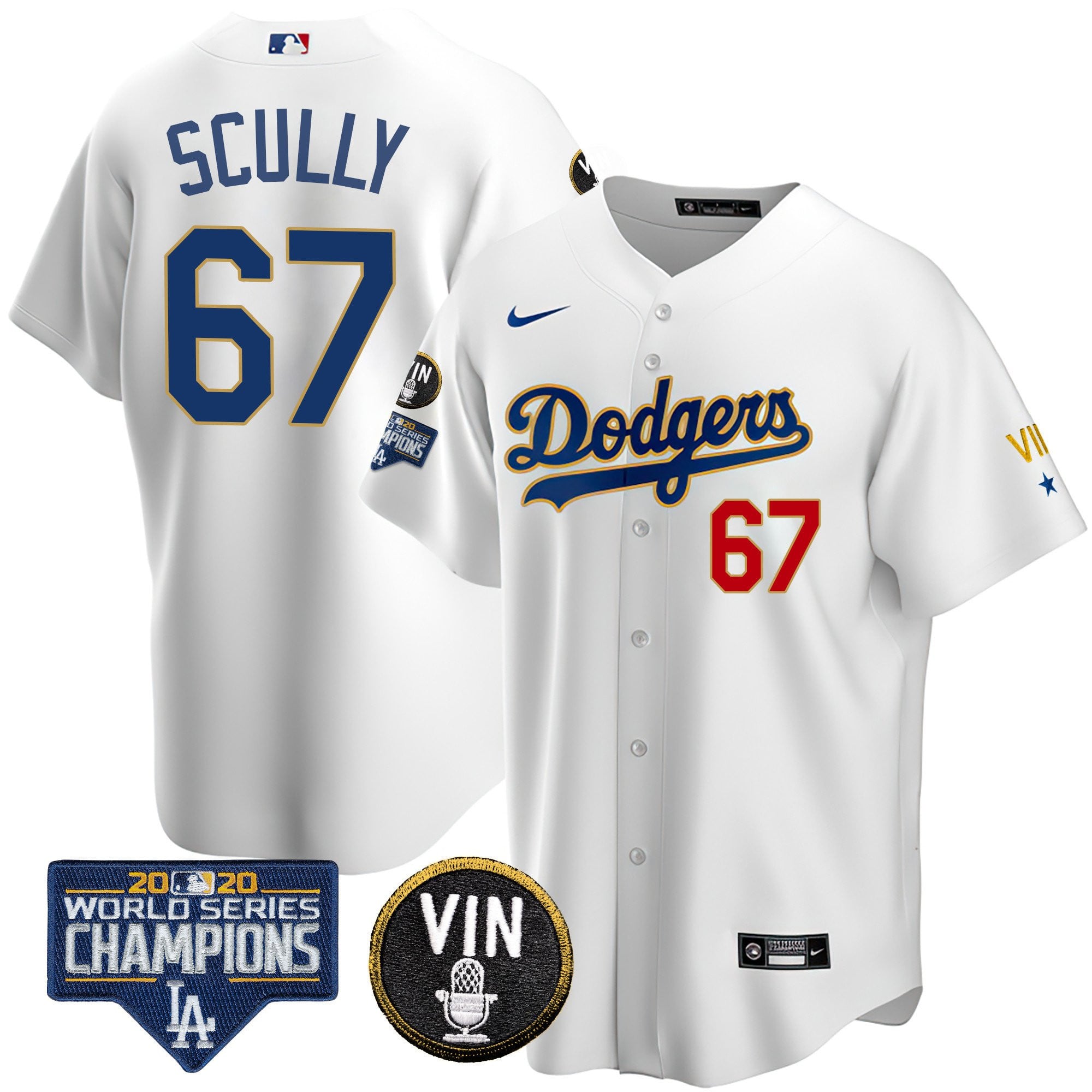 Men's Dodgers World Series & Vin Sculy Patch Gold Jersey - All Stitched