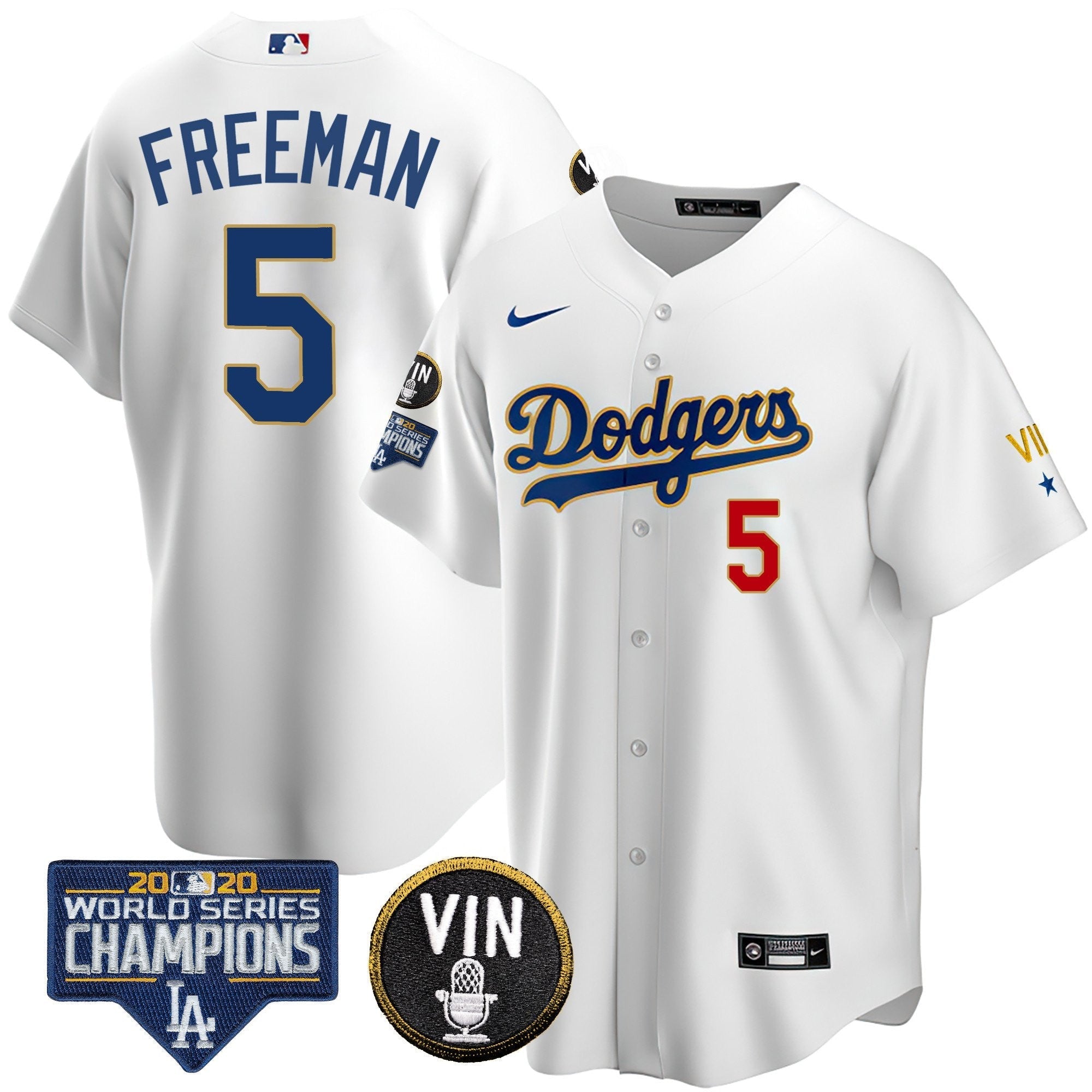 Men's Dodgers World Series & Vin Sculy Patch Gold Jersey - All Stitched