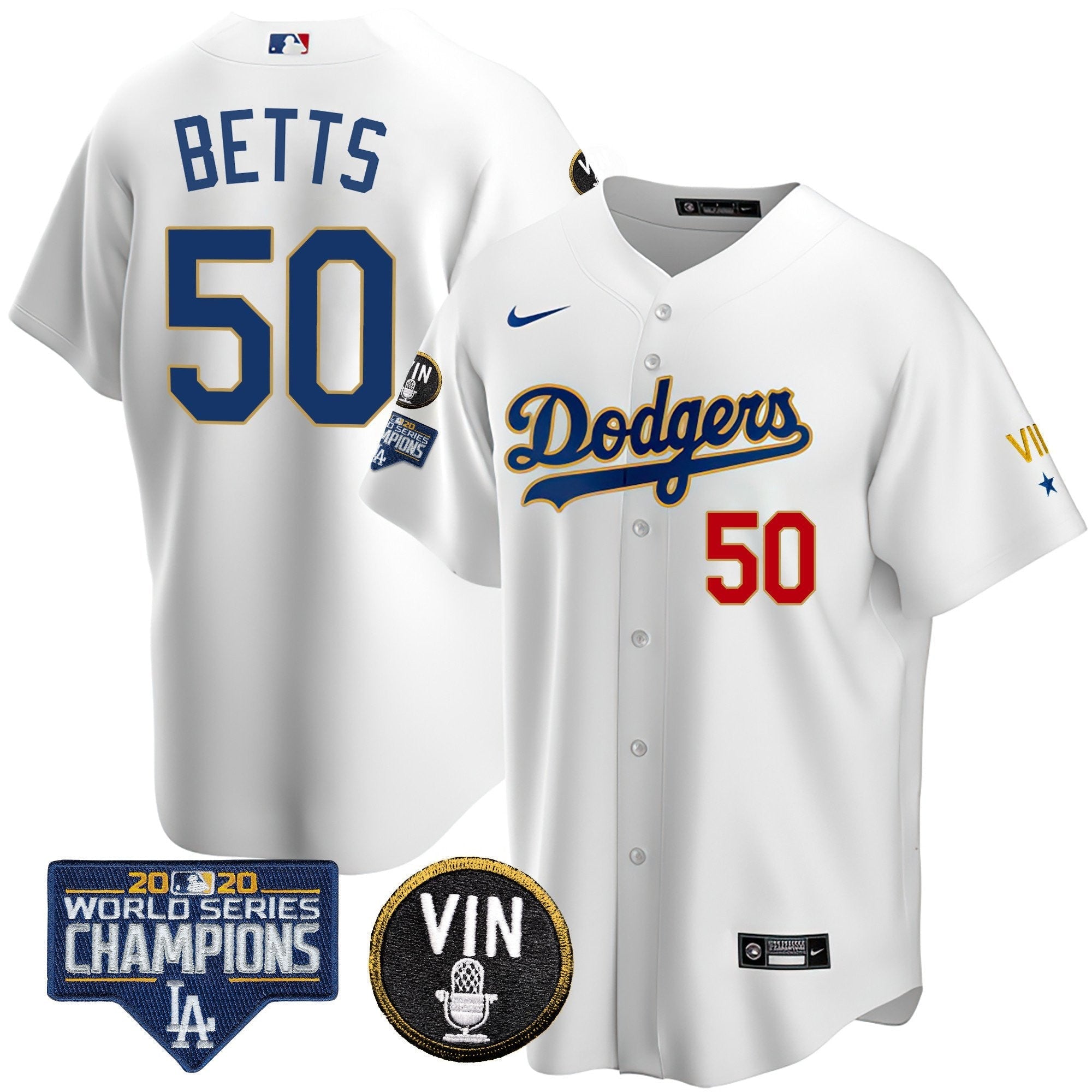 Men's Dodgers World Series & Vin Sculy Patch Gold Jersey - All Stitched