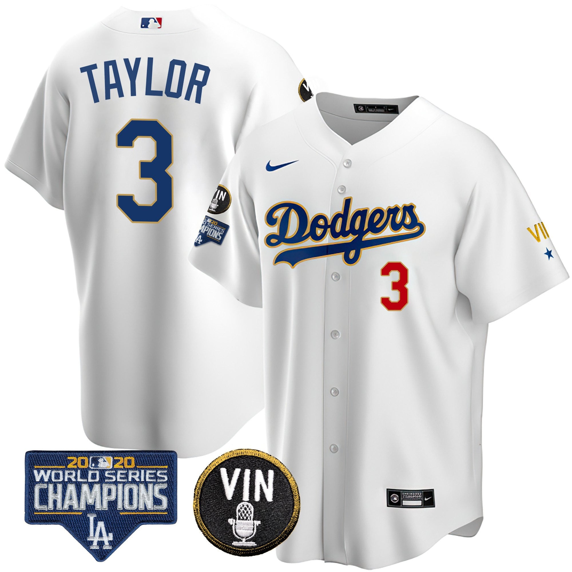 Men's Dodgers World Series & Vin Sculy Patch Gold Jersey - All Stitched