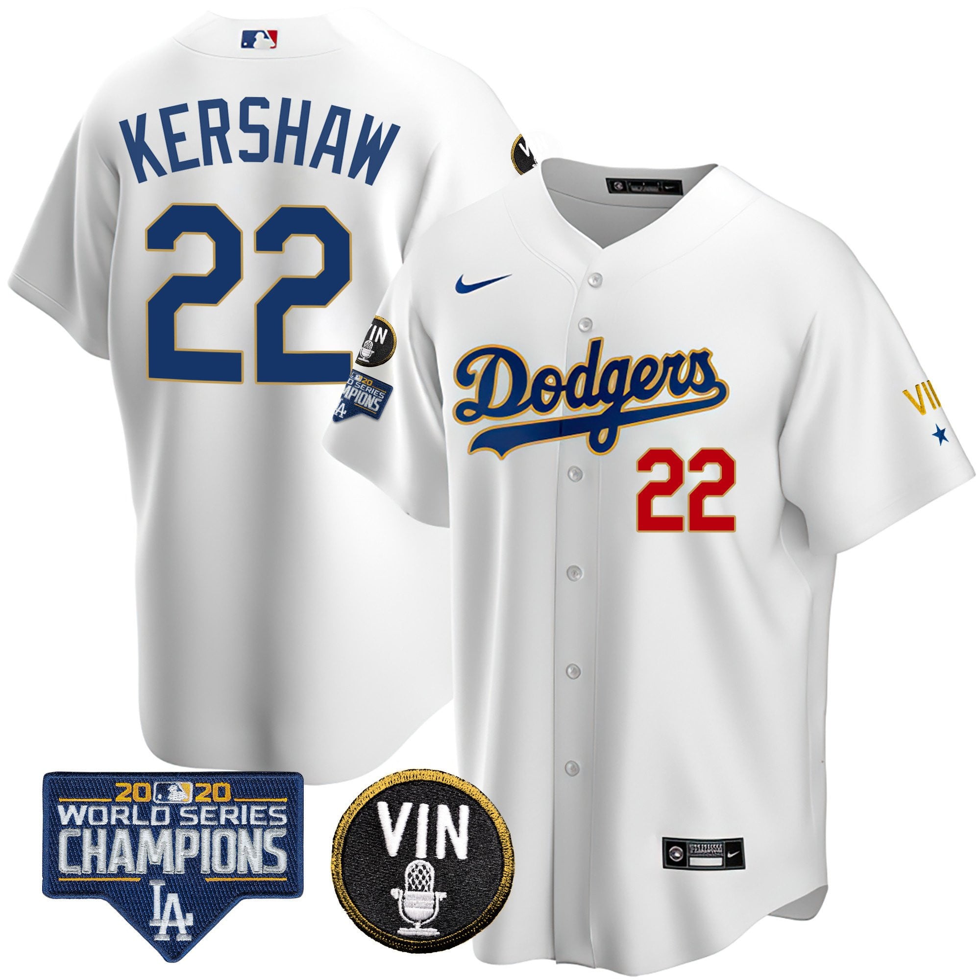 Men's Dodgers World Series & Vin Sculy Patch Gold Jersey - All Stitched
