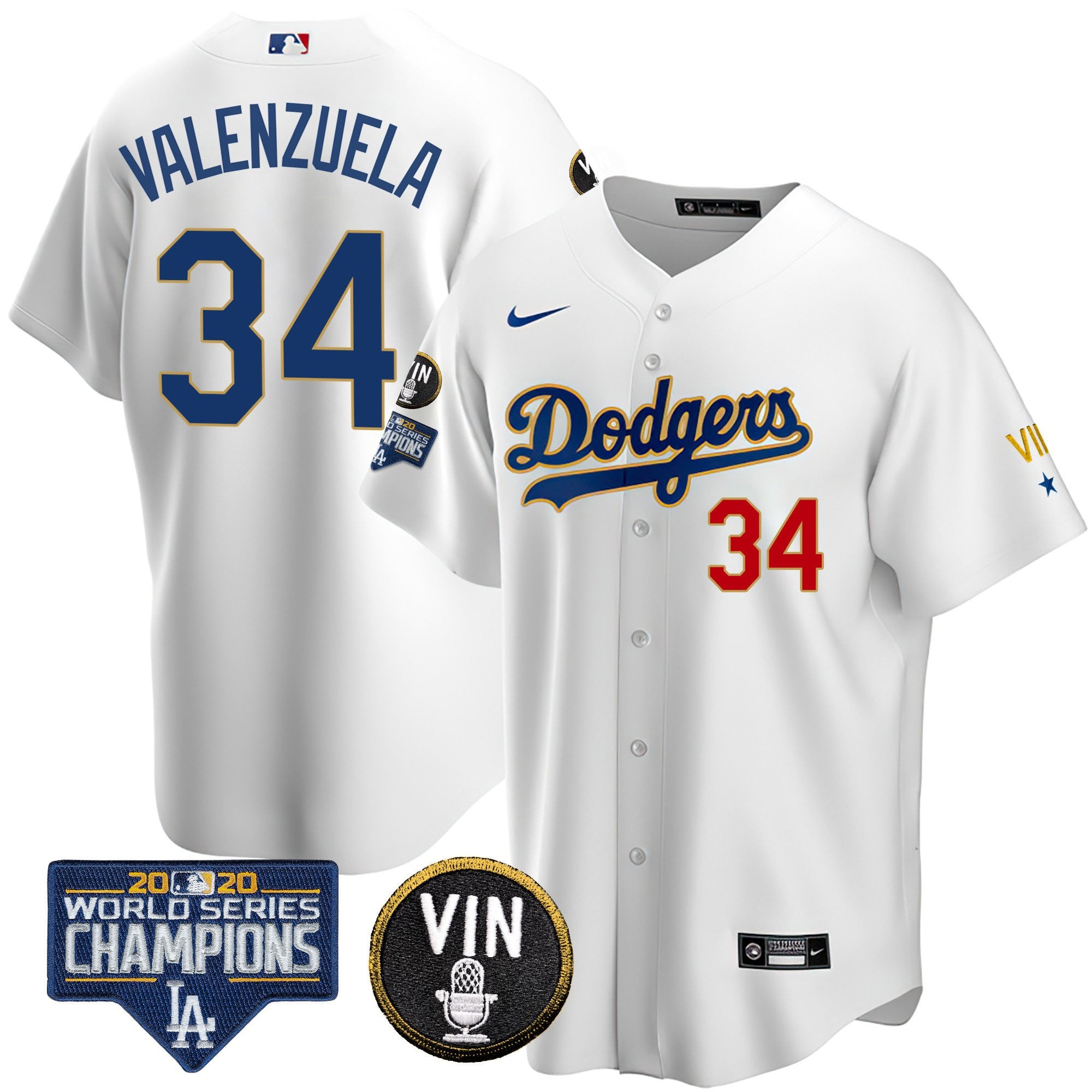 Men's Dodgers World Series & Vin Sculy Patch Gold Jersey - All Stitched