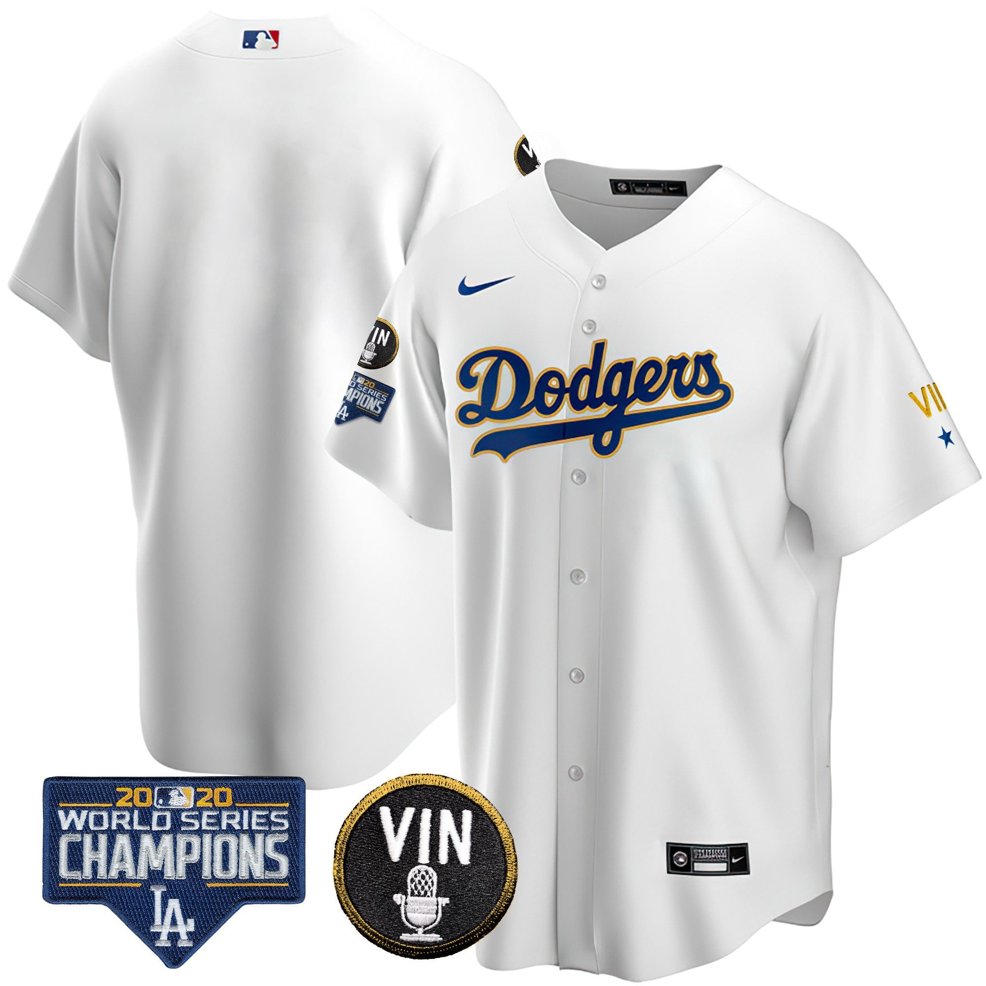 Men's Dodgers World Series & Vin Sculy Patch Gold Jersey - All Stitched